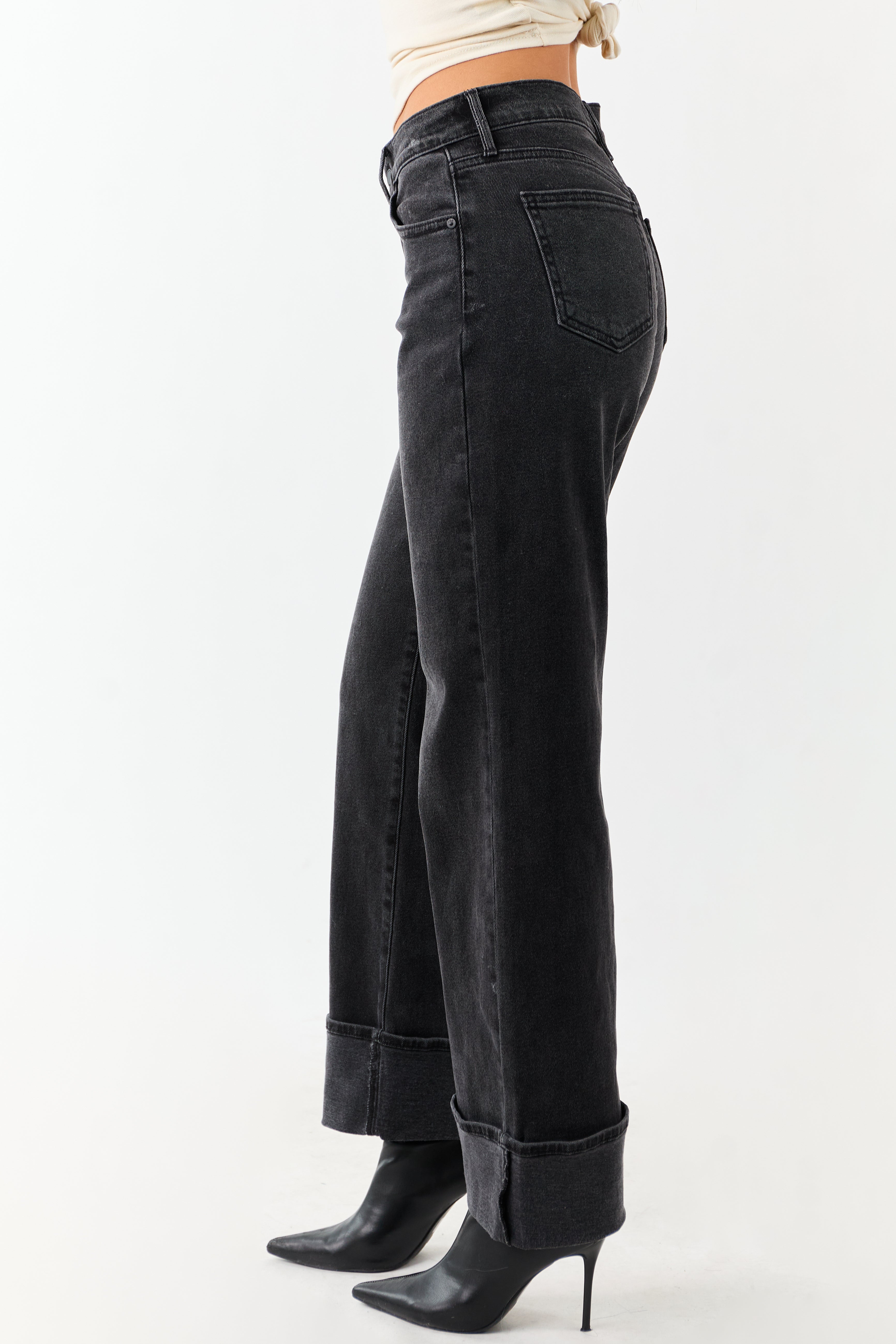 Black Washed Wide Leg Cuffed Stretchy Jeans
