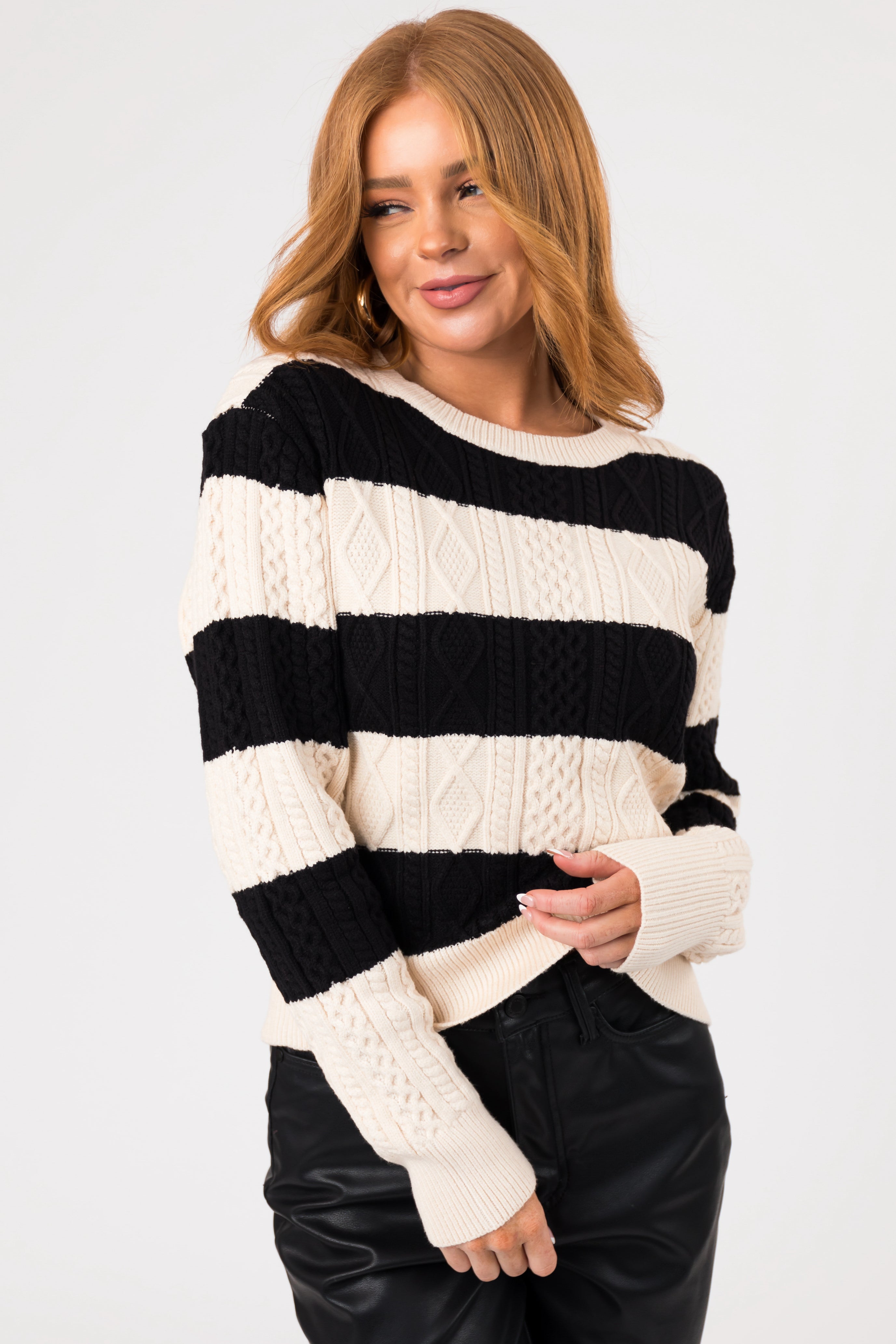 Black and Cream Striped Cable Knit Sweater | Lime Lush