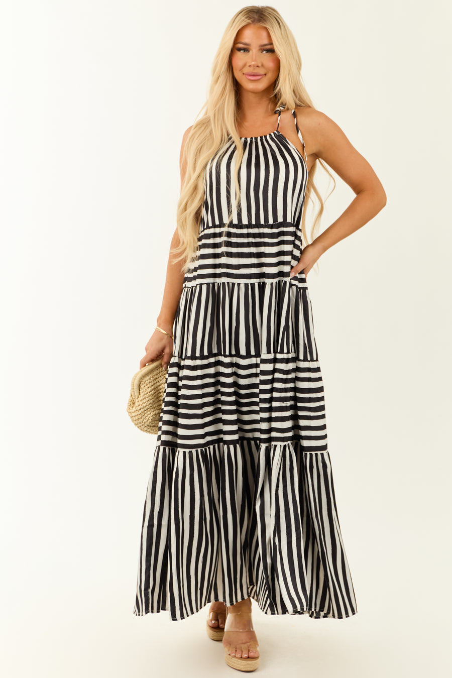Black and White Striped Satin Sleeveless Maxi Dress