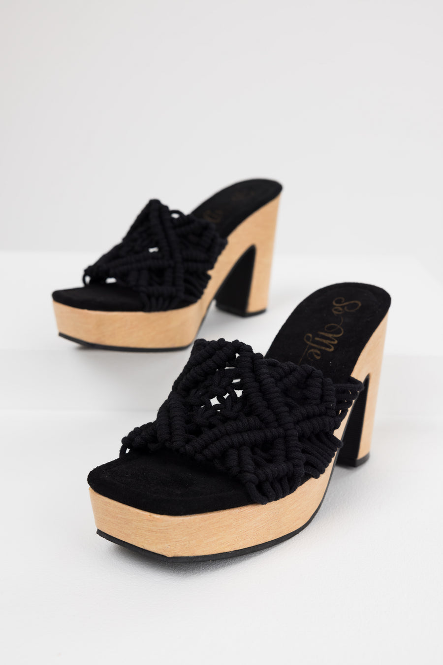 Black Crochet Strap Faux Wood Heels