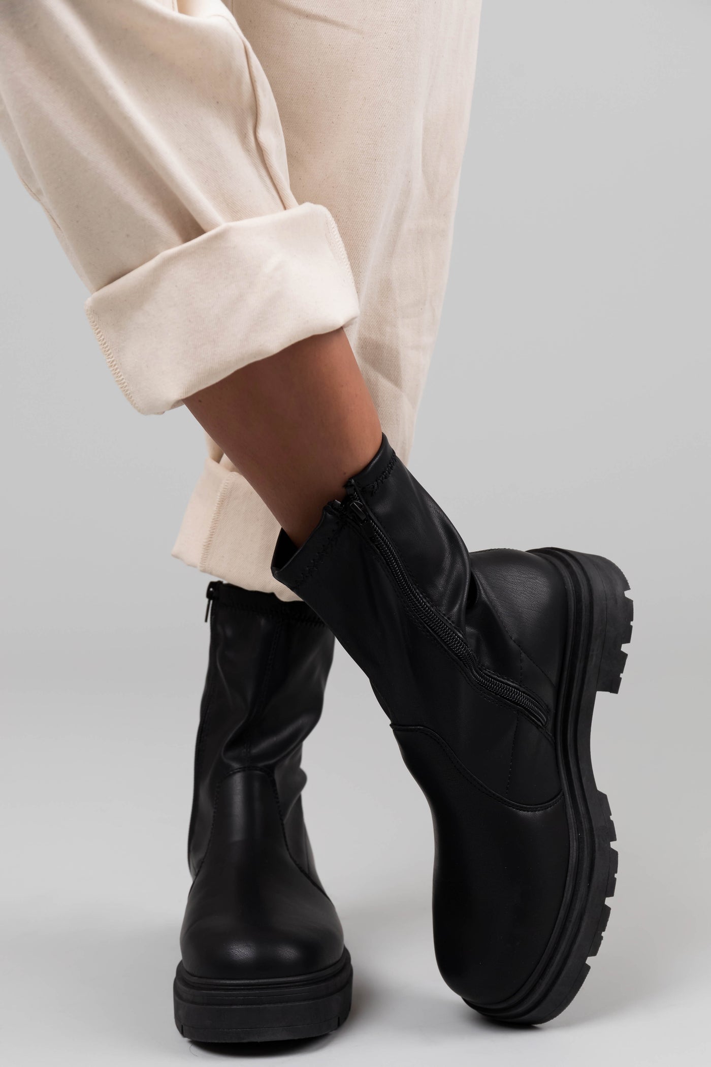Black Faux Leather Chunky Bootie