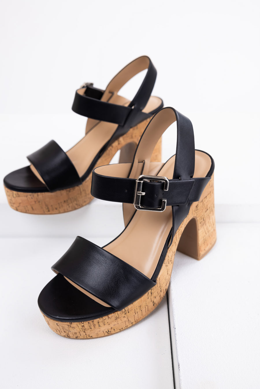 Black Faux Leather Strapped Chunky Heels