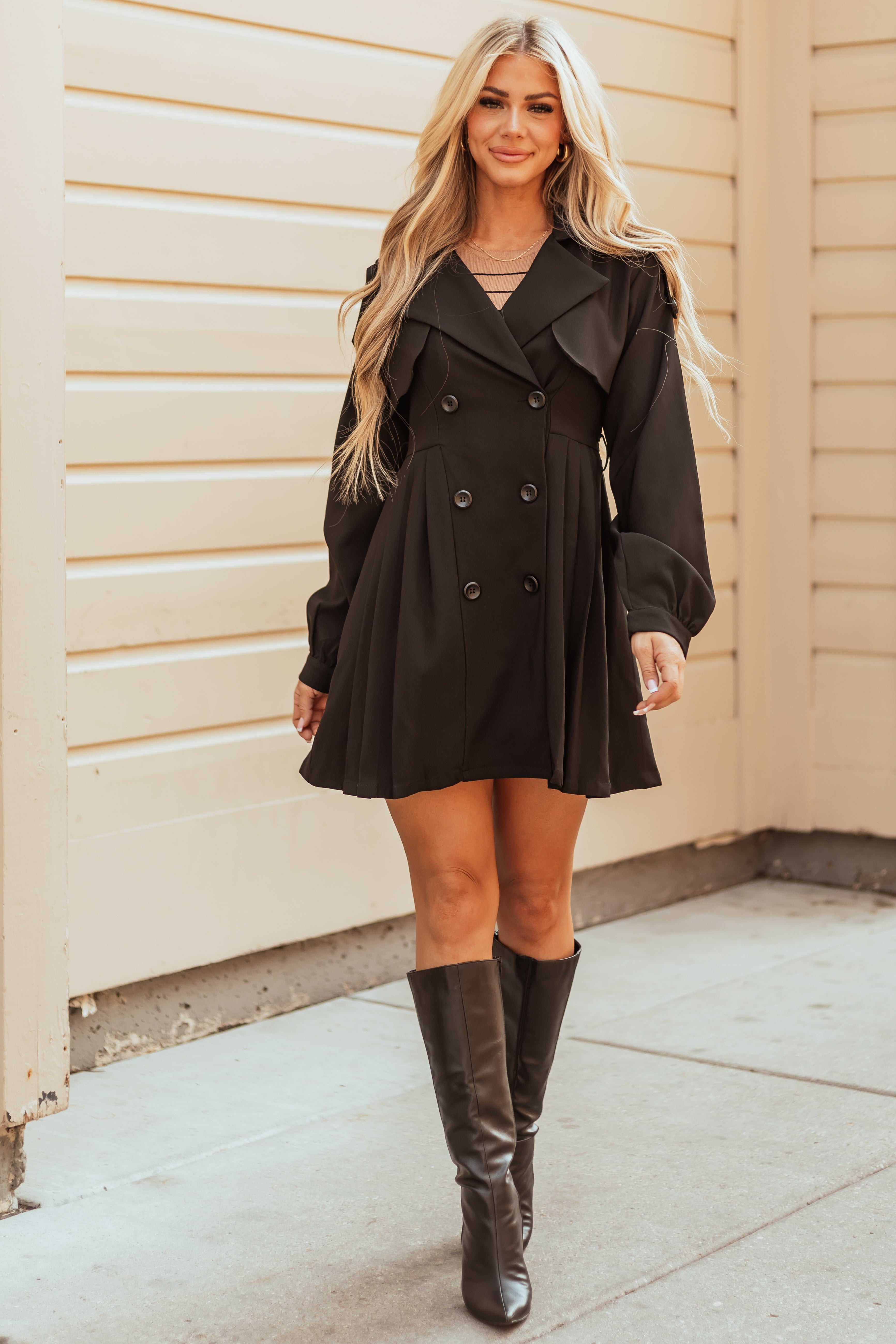 Black Long Sleeve Button Down Trench Coat Dress | Lime Lush Boutique
