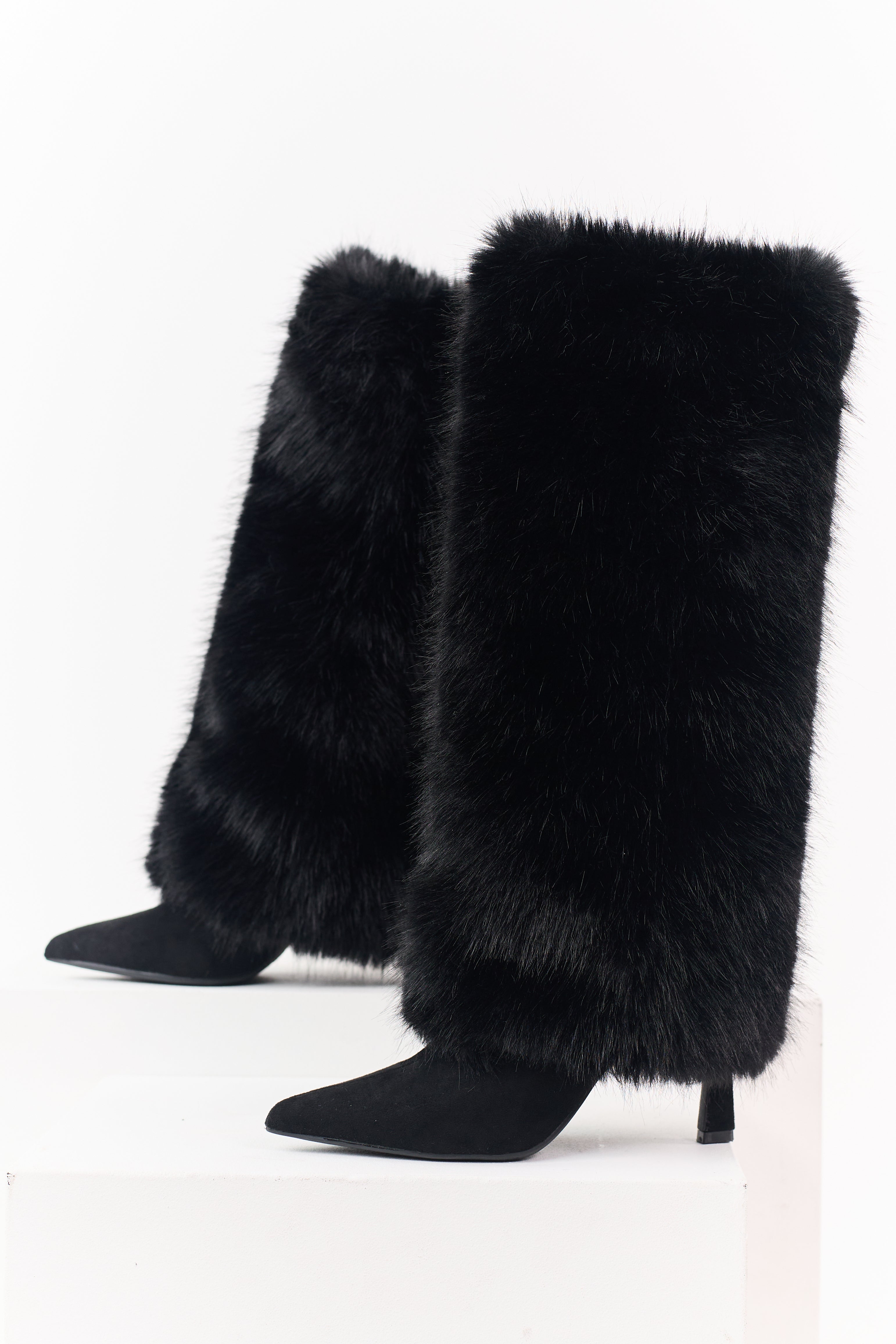 Black Microsuede Faux Fur Overlay Stiletto Boots | Lime Lush Boutique