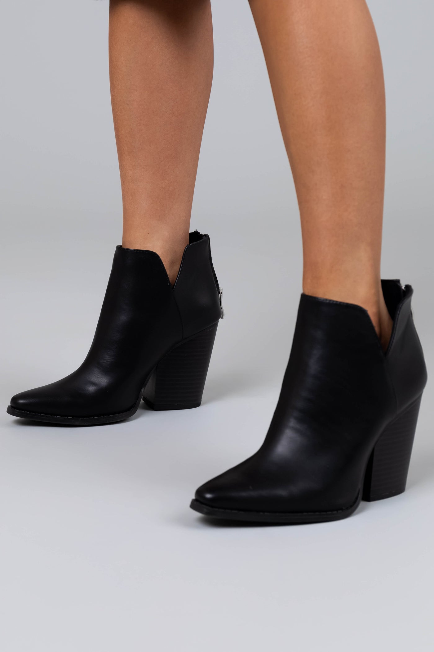 Black Pleather Pointed Toe Notched Side Booties