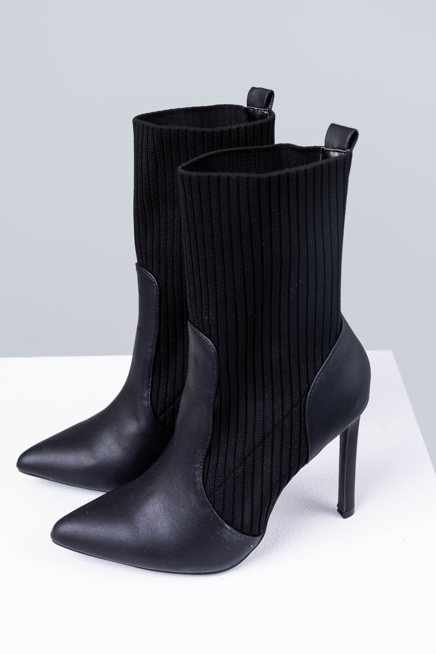 Black Ribbed Knit Pointed Toe High Heel Booties
