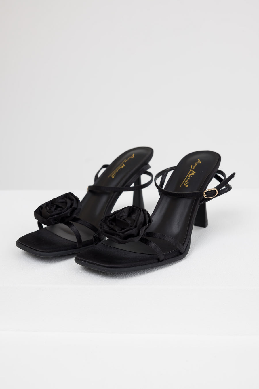 Black Satin Flower Strap Dress Heels