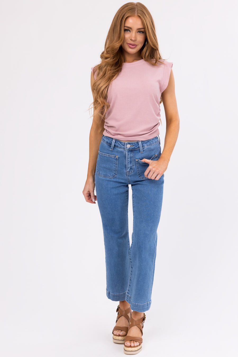 Blush Cap Sleeve Ruched Side Ribbed Knit Top
