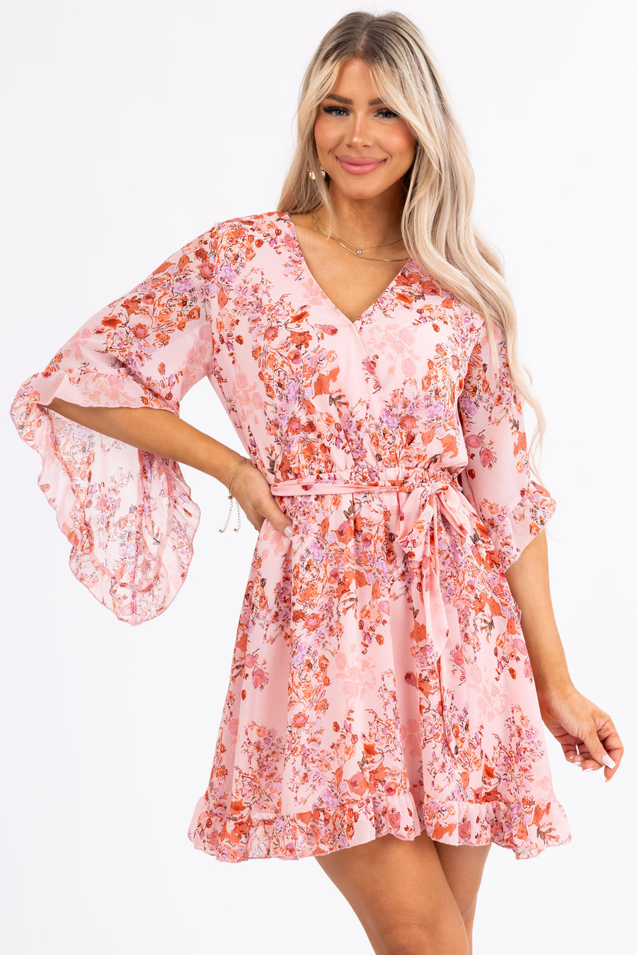 Blush Floral Print Half Sleeve Short Dress