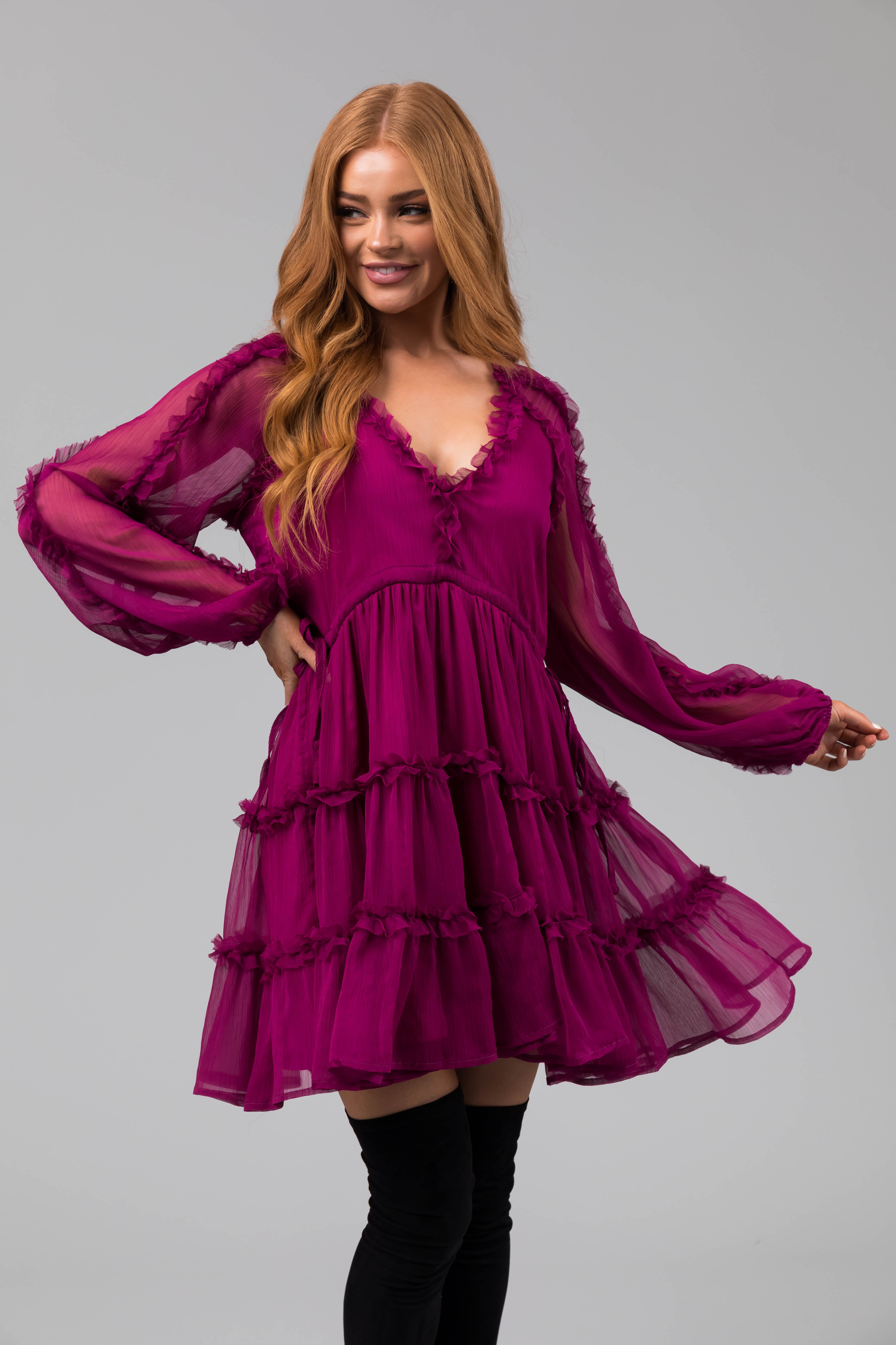 Boysenberry Long Sleeve Ruffle Tiered Dress Lime Lush