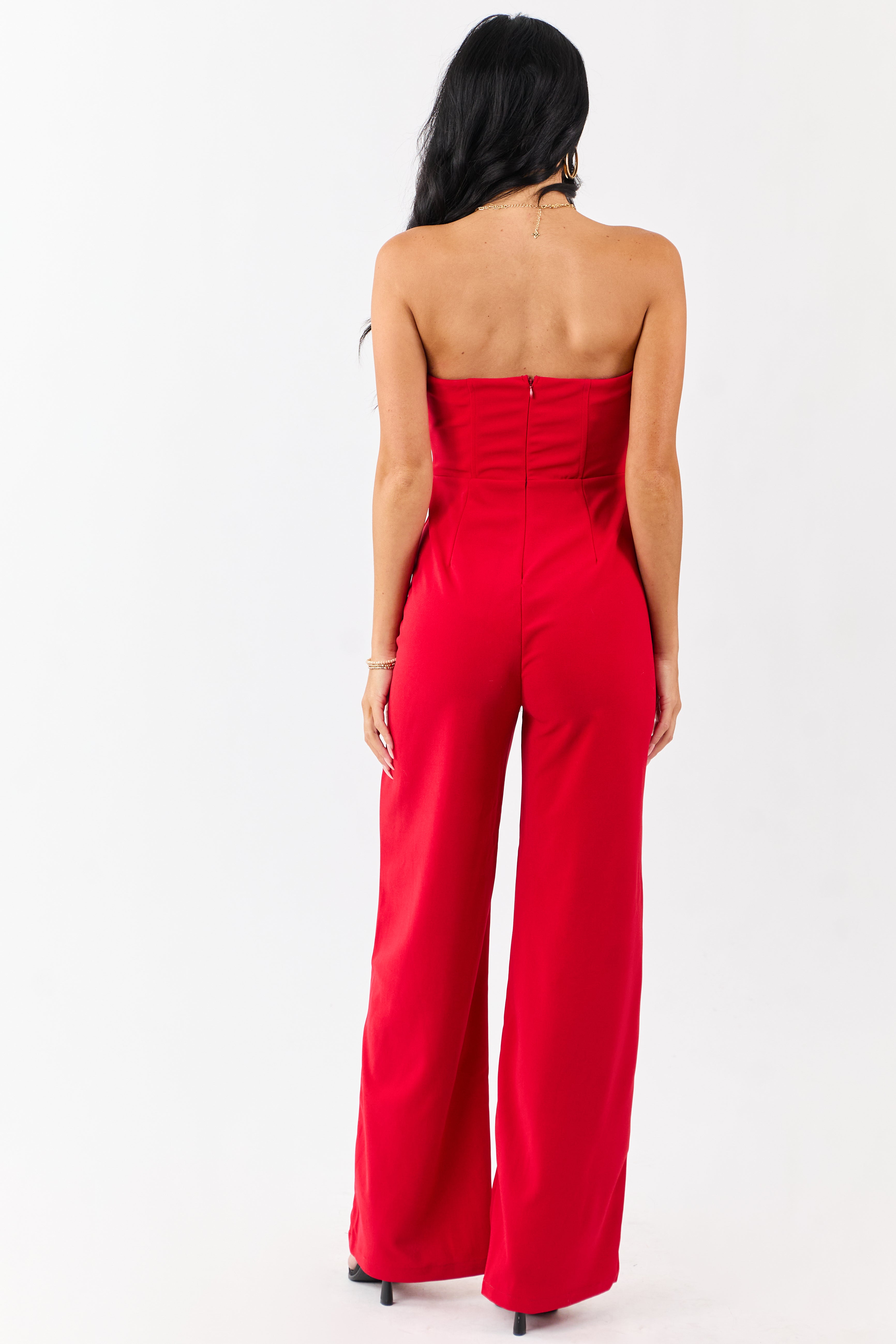 Lipstick Strapless Pleated Wide Leg Knit Jumpsuit