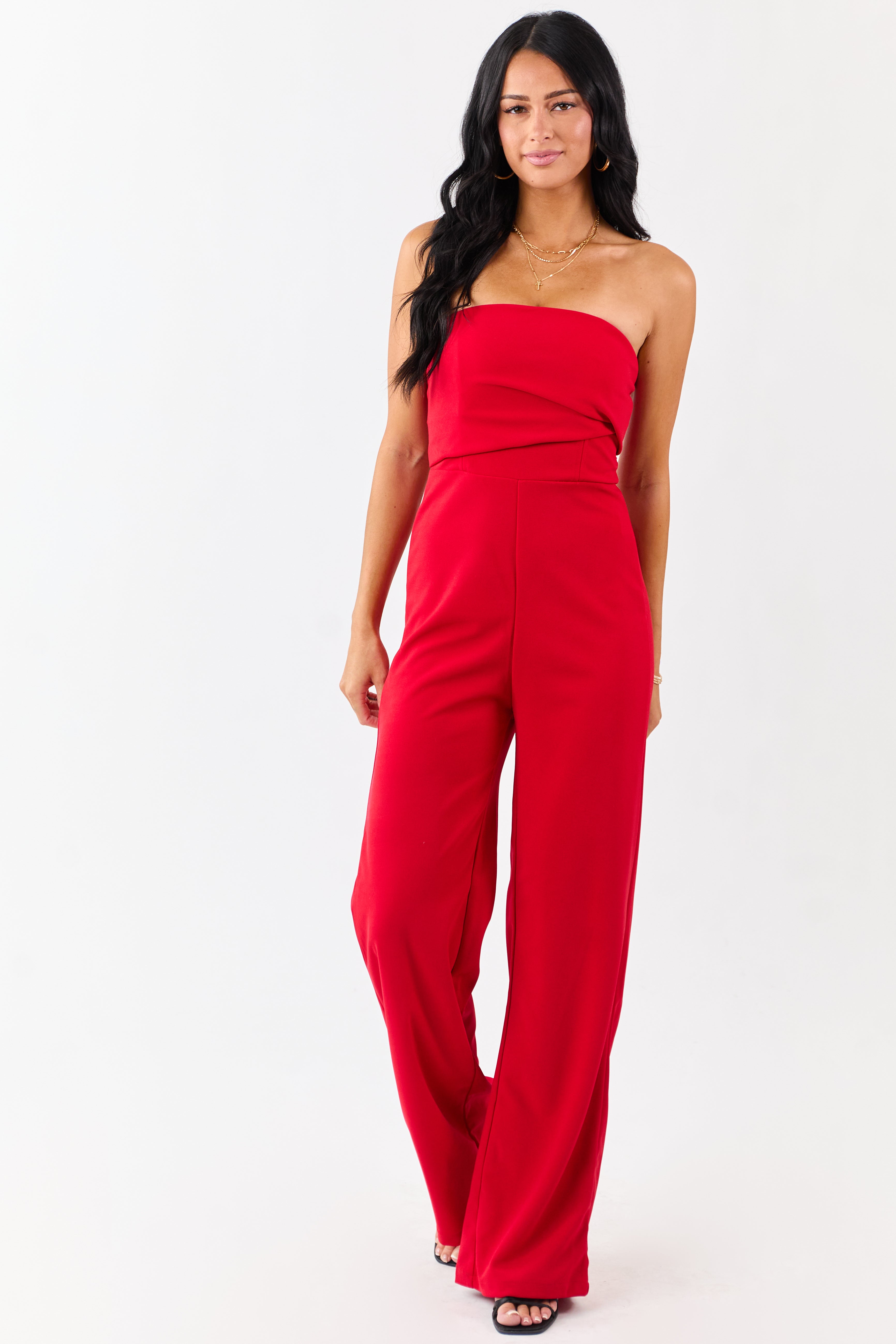 Lipstick Strapless Pleated Wide Leg Knit Jumpsuit