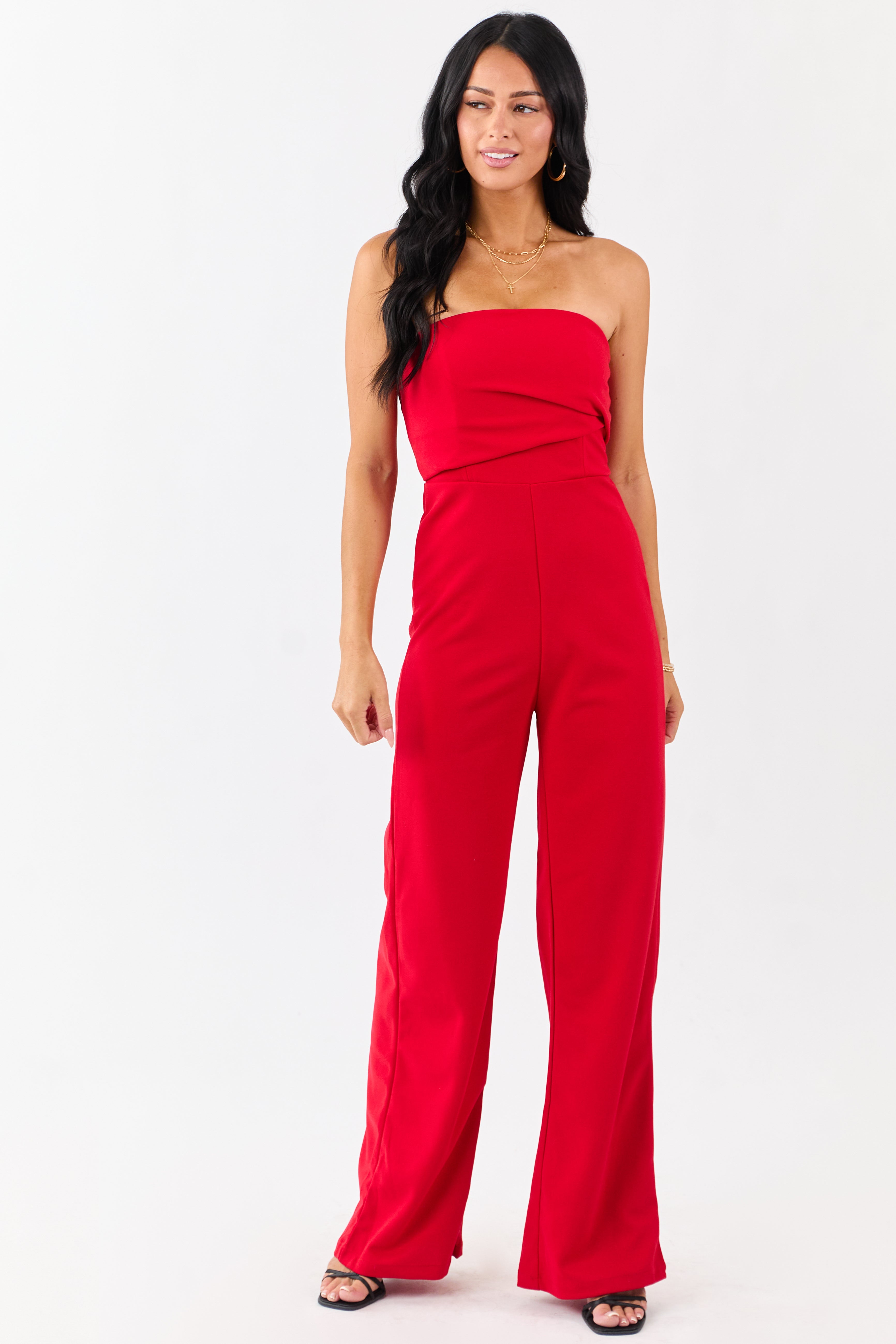Lipstick Strapless Pleated Wide Leg Knit Jumpsuit