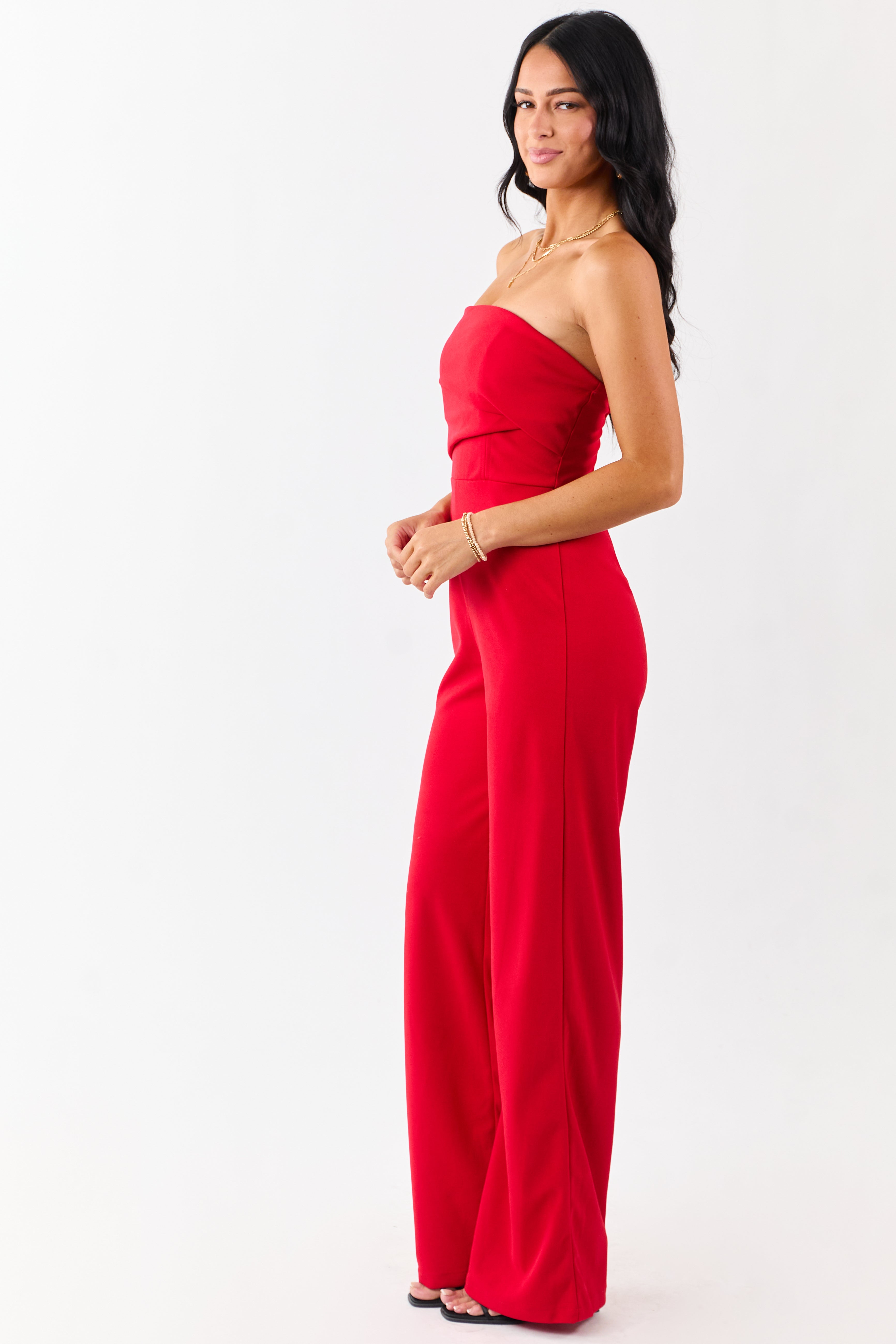 Lipstick Strapless Pleated Wide Leg Knit Jumpsuit