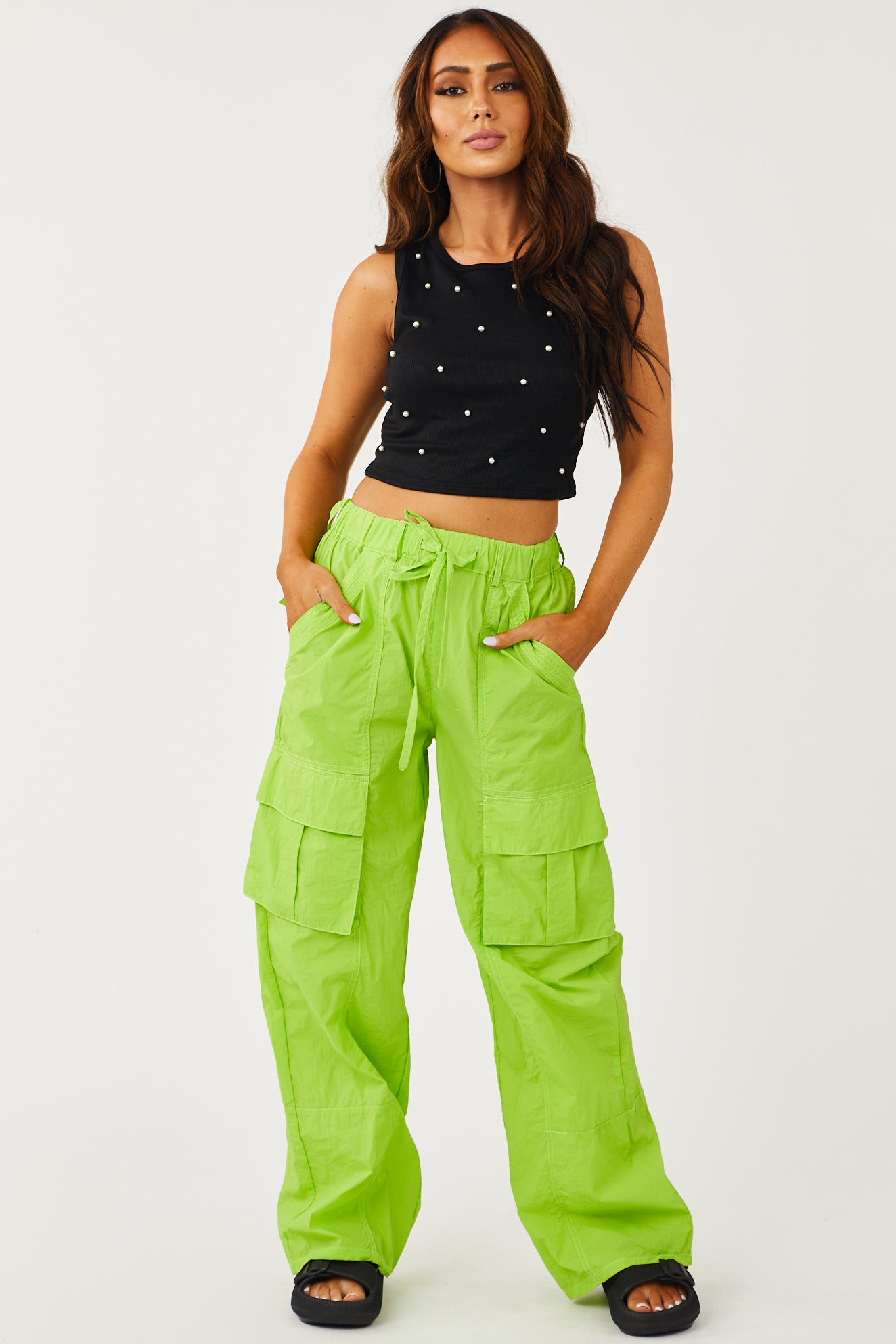Bright Lime Green Wide Leg Nylon Cargo Pants