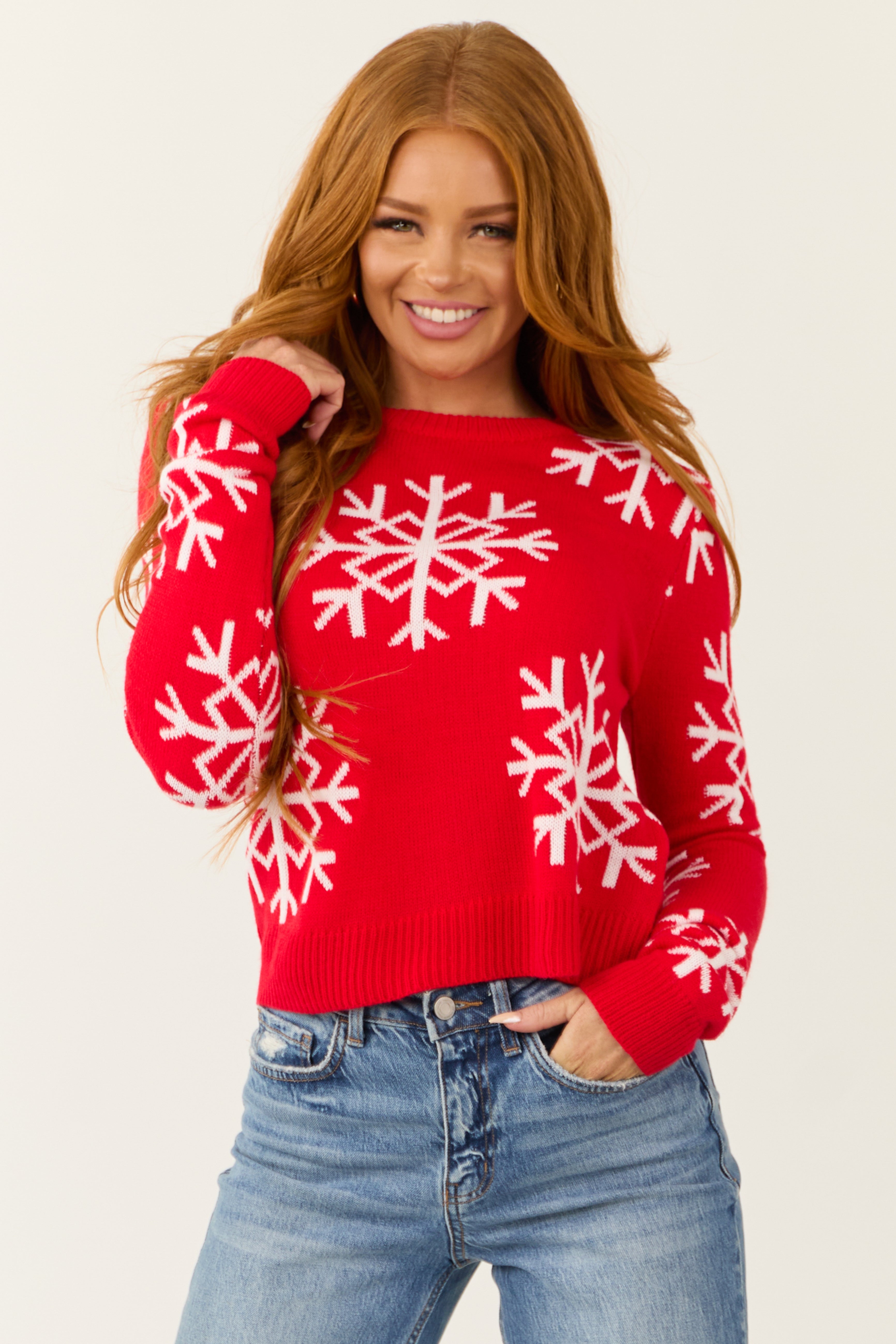 Bright Scarlet Long Sleeve Snowflake Sweater | Lime Lush Boutique