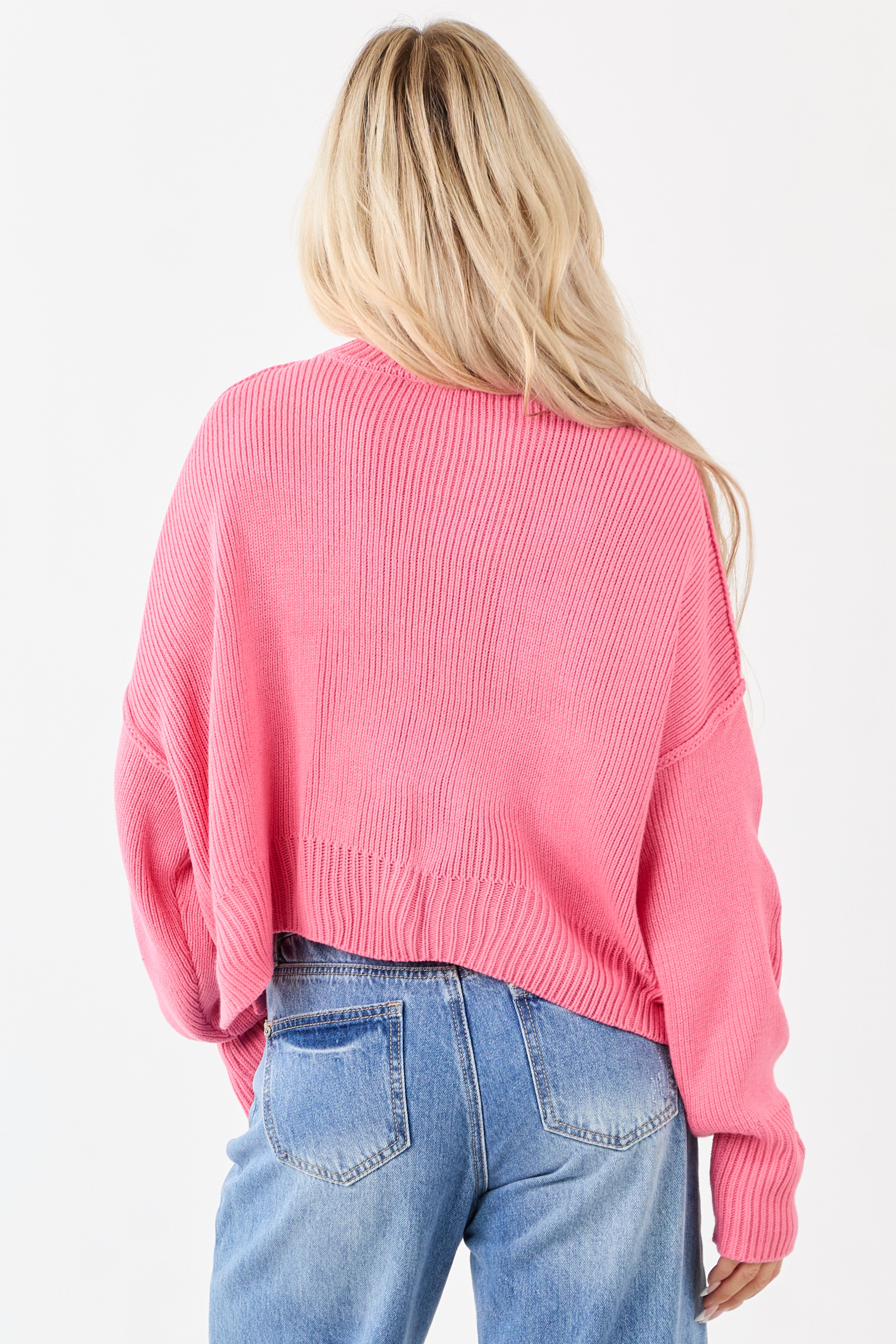 Bubblegum Boxy Drop Shoulder Crop Rib Knit Sweater