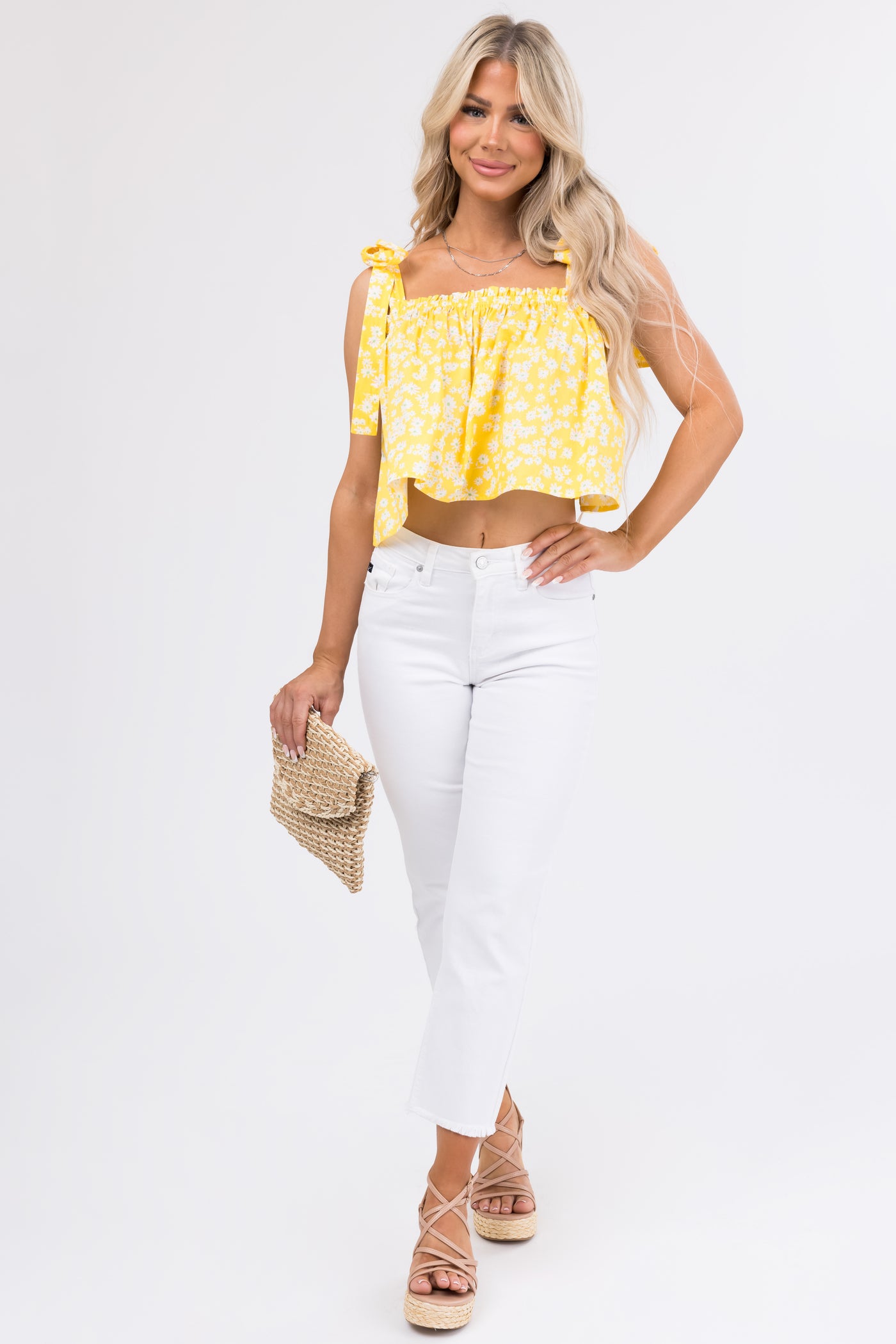 Canary Yellow Ditsy Floral Shoulder Tie Top
