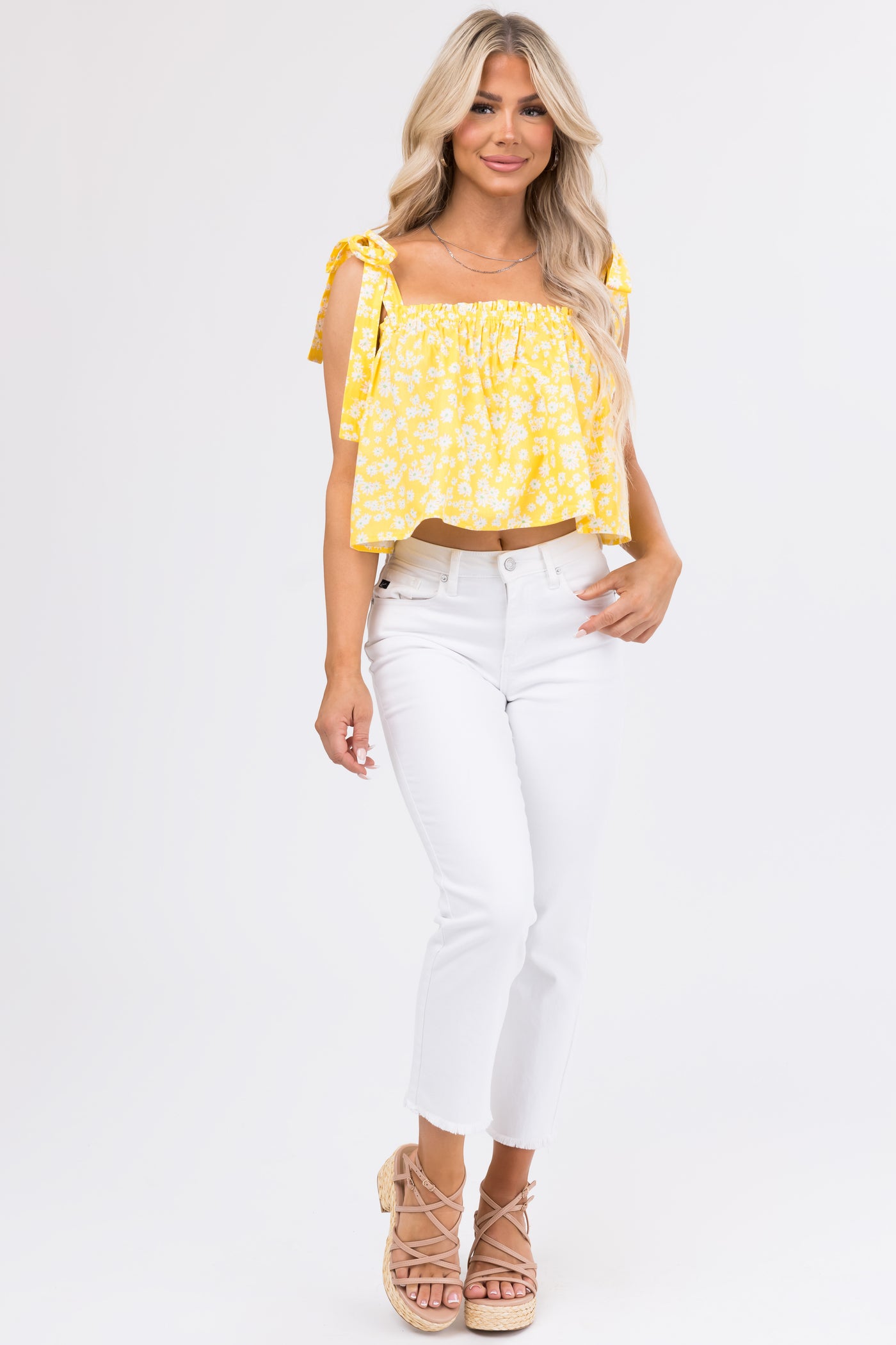 Canary Yellow Ditsy Floral Shoulder Tie Top