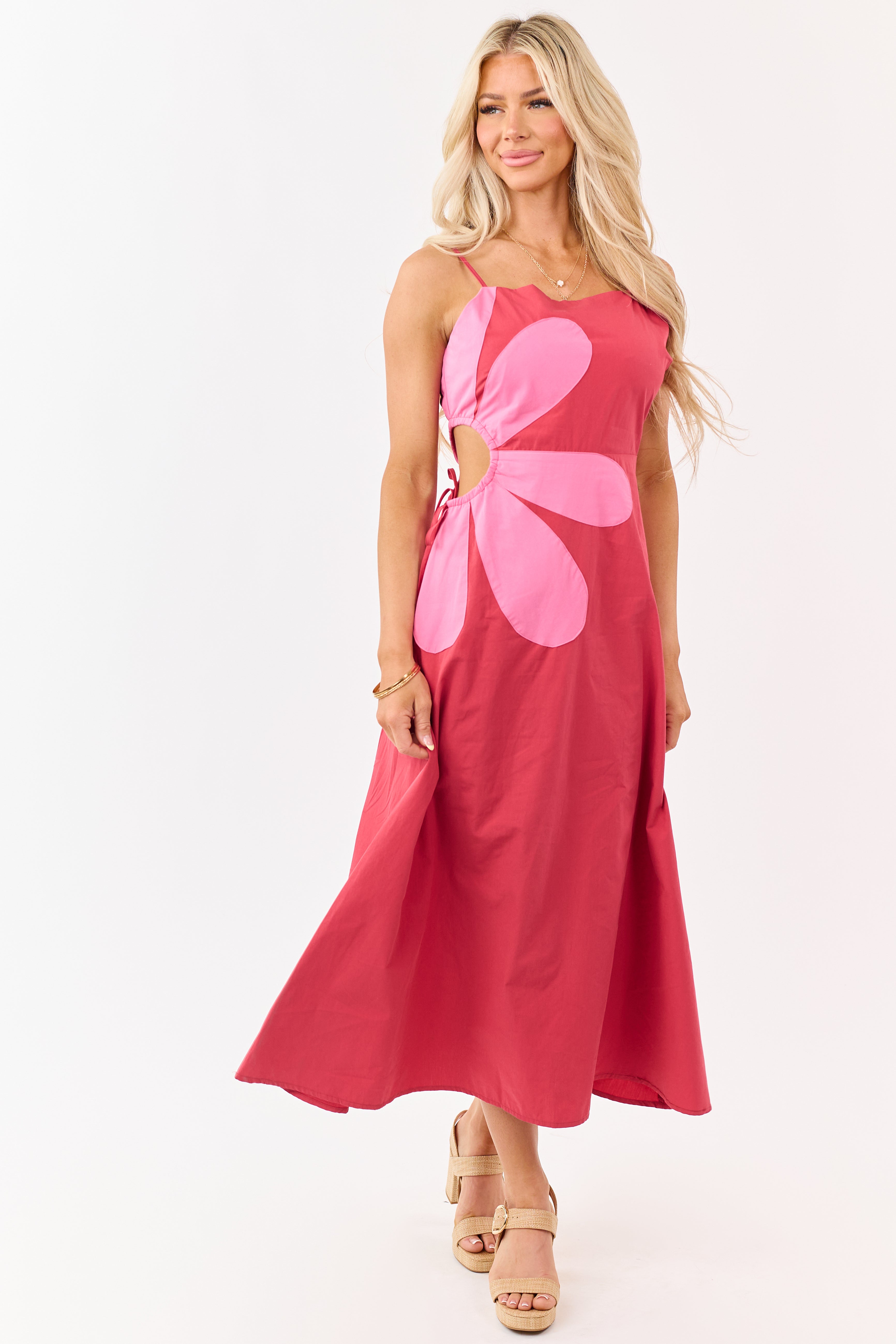 Candy Apple Red Cotton Side Cut Out Flower Midi Dress | Lime Lush