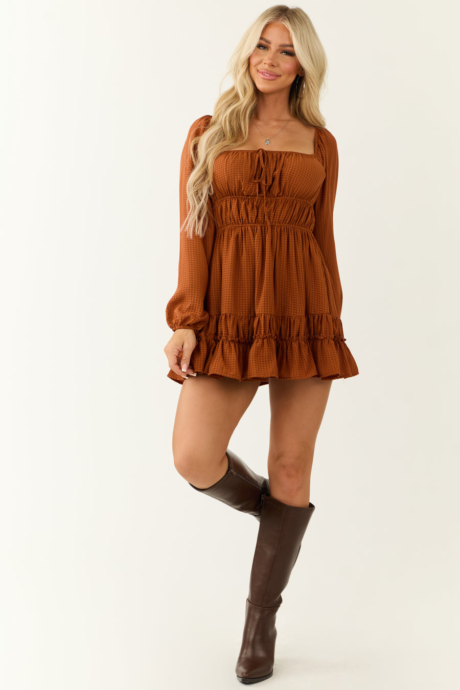 Caramel Puff Sleeve Square Neck Mini Dress Caramel Puff Sleeve Square Neck Mini Dress
