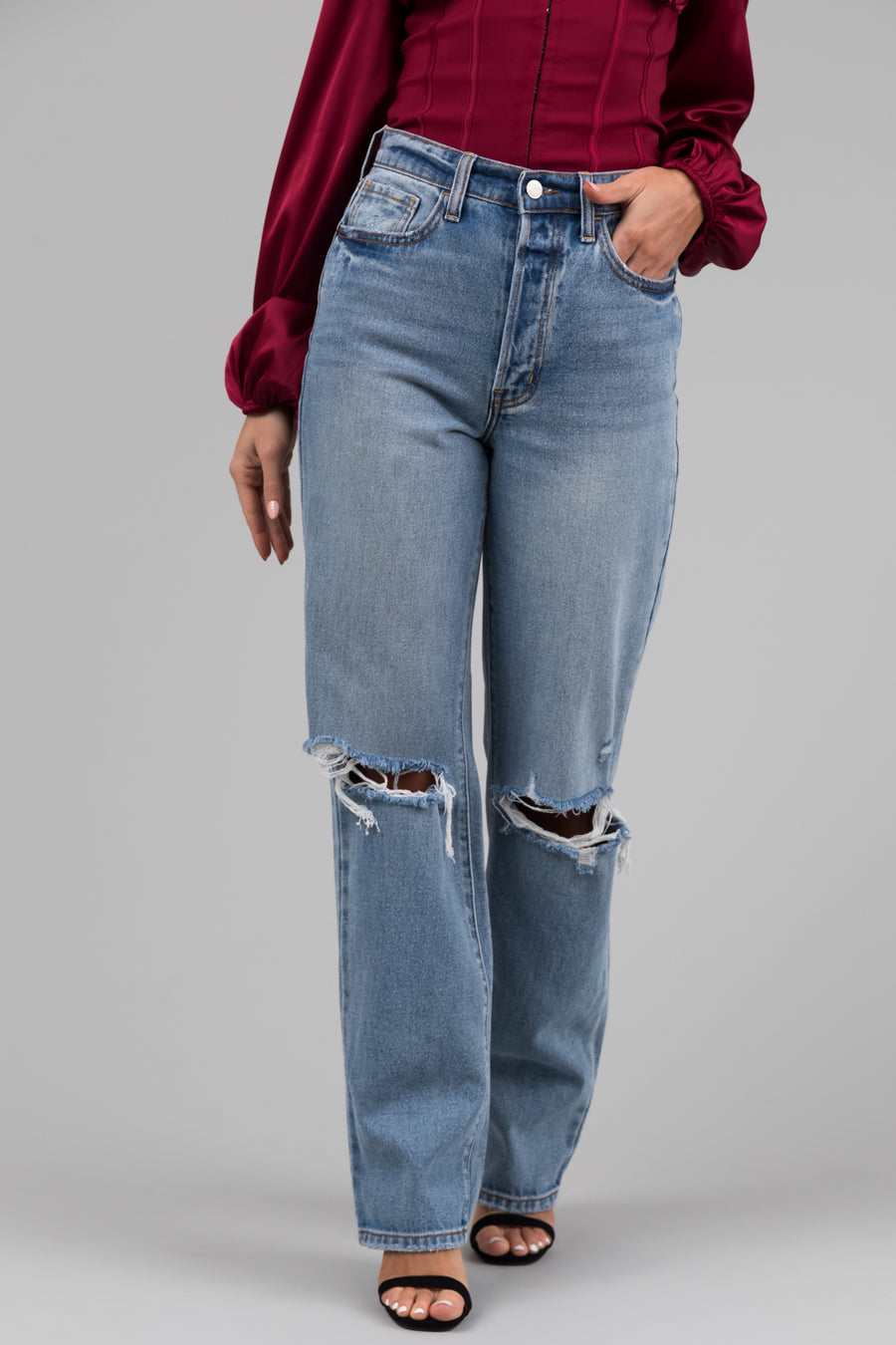 Cello Light Wash High Waisted Distressed Dad Jeans