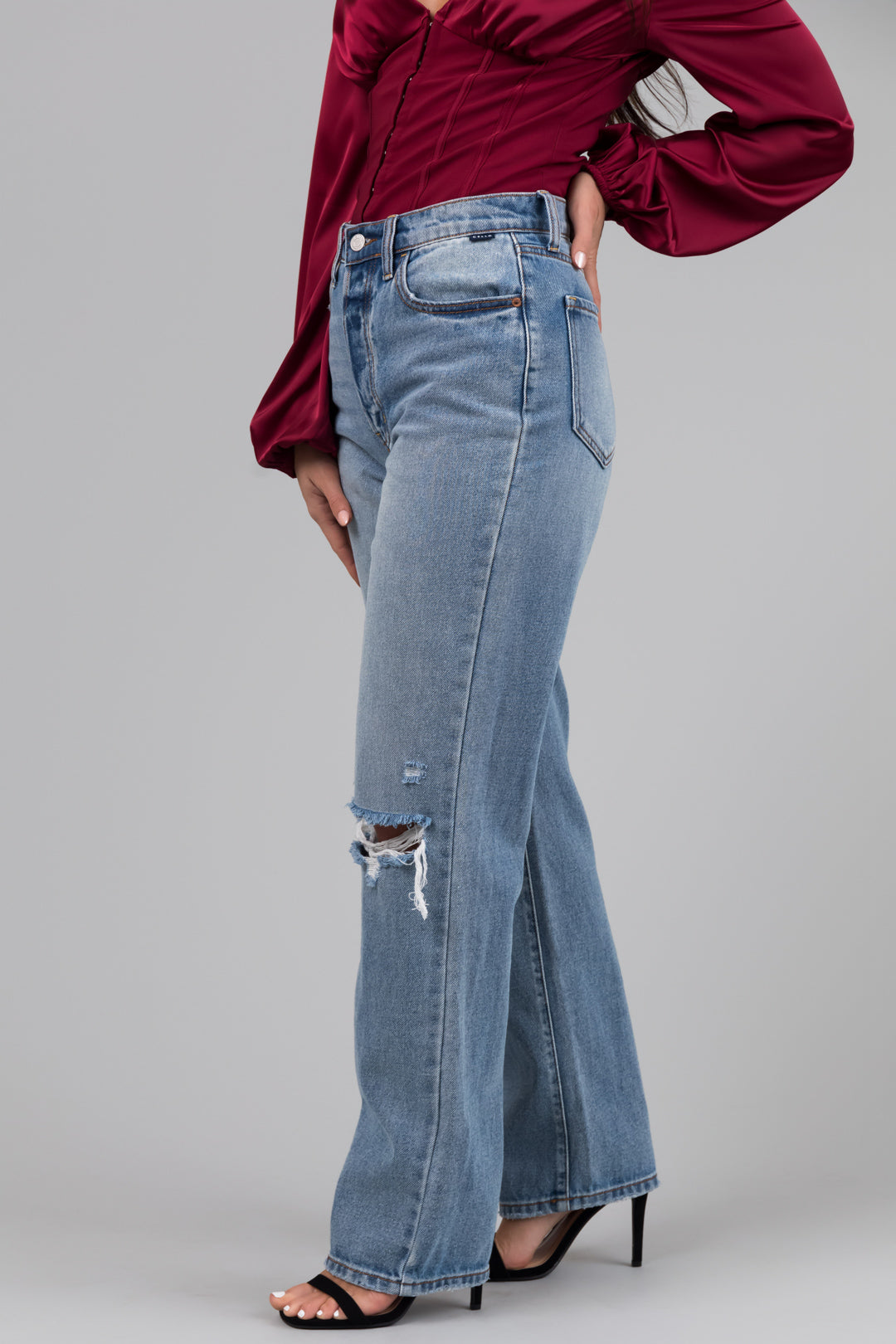 Cello Light Wash High Waisted Distressed Dad Jeans