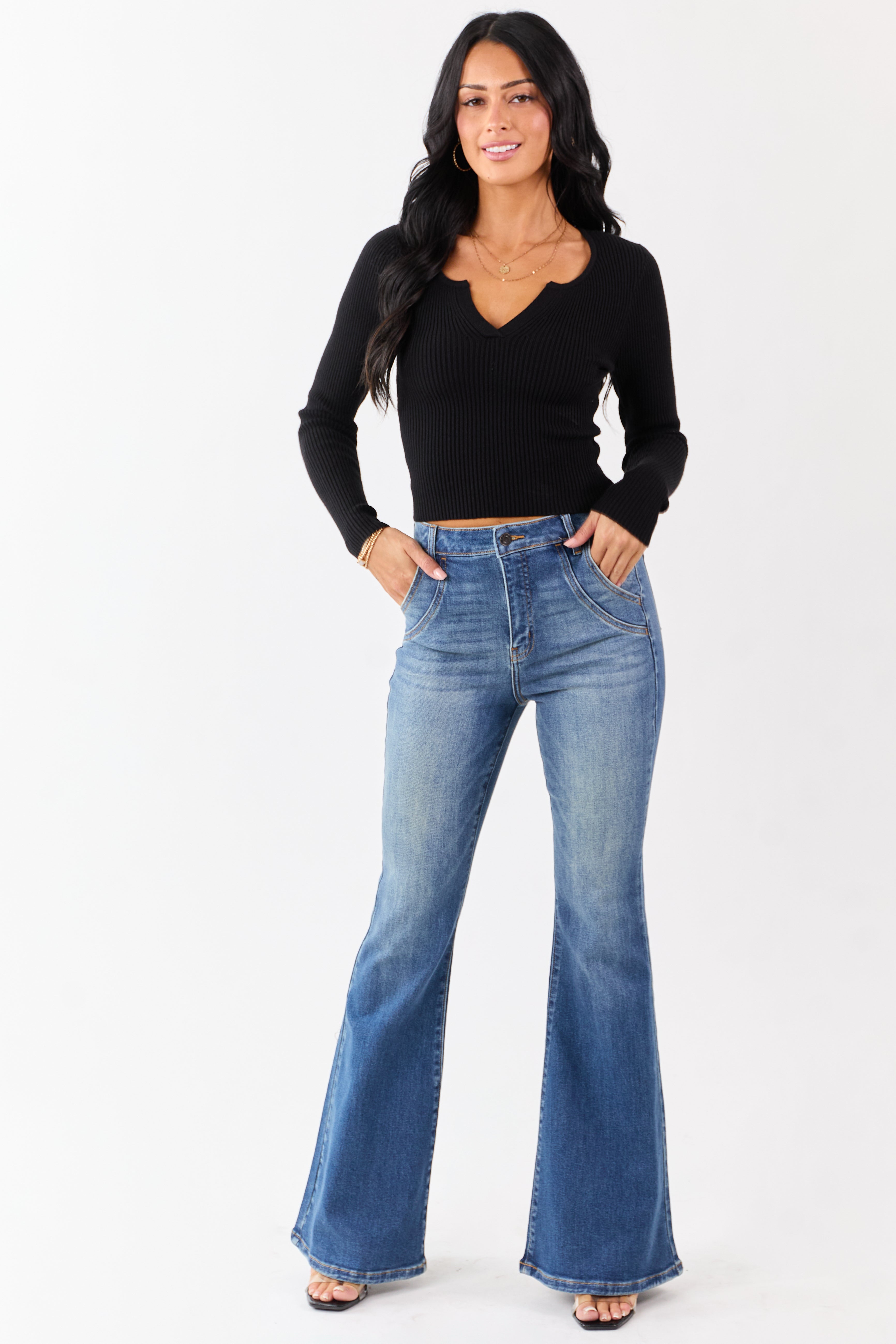 Cello Medium Washed High Rise Stretchy Flare Jeans