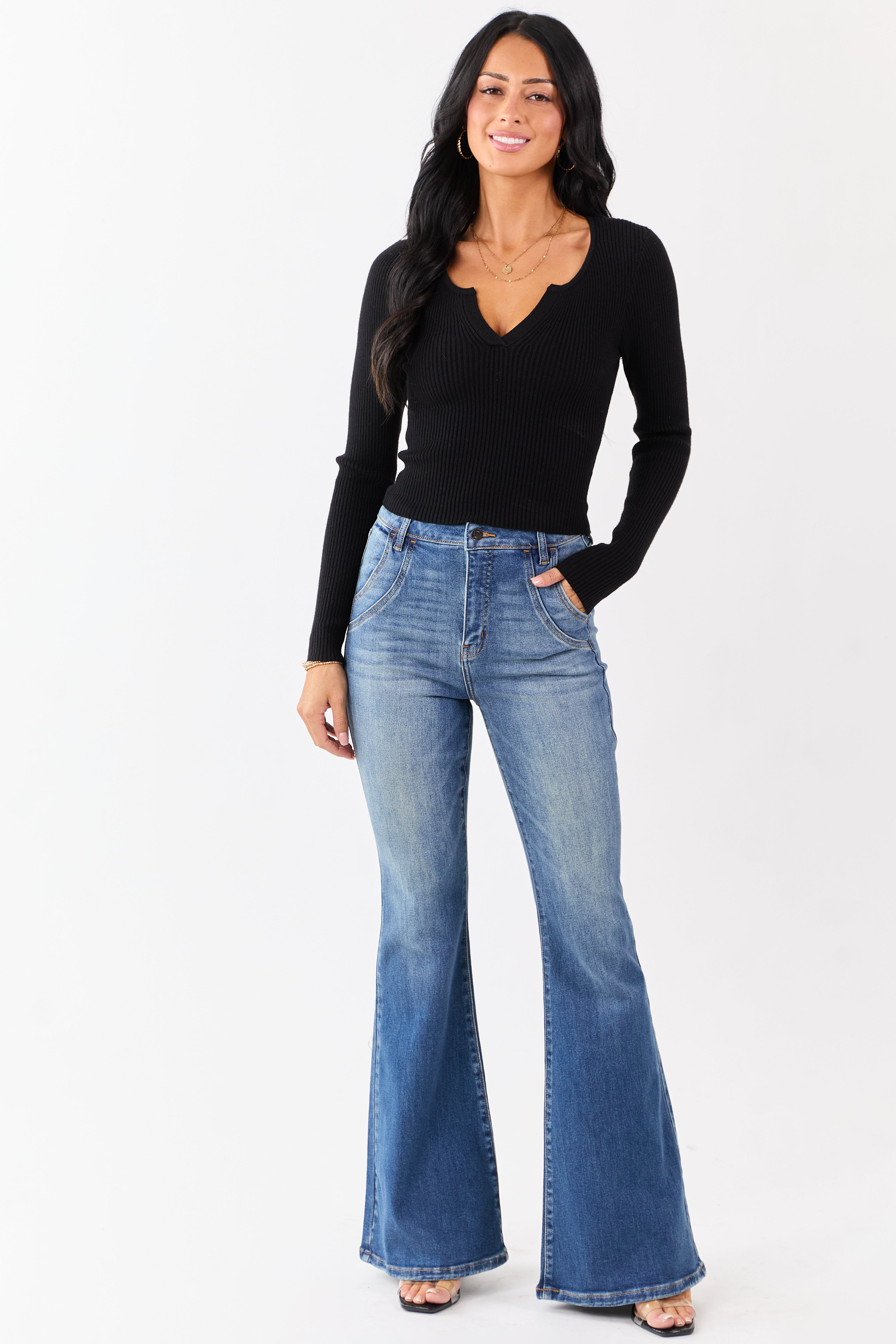 Cello Medium Washed High Rise Stretchy Flare Jeans
