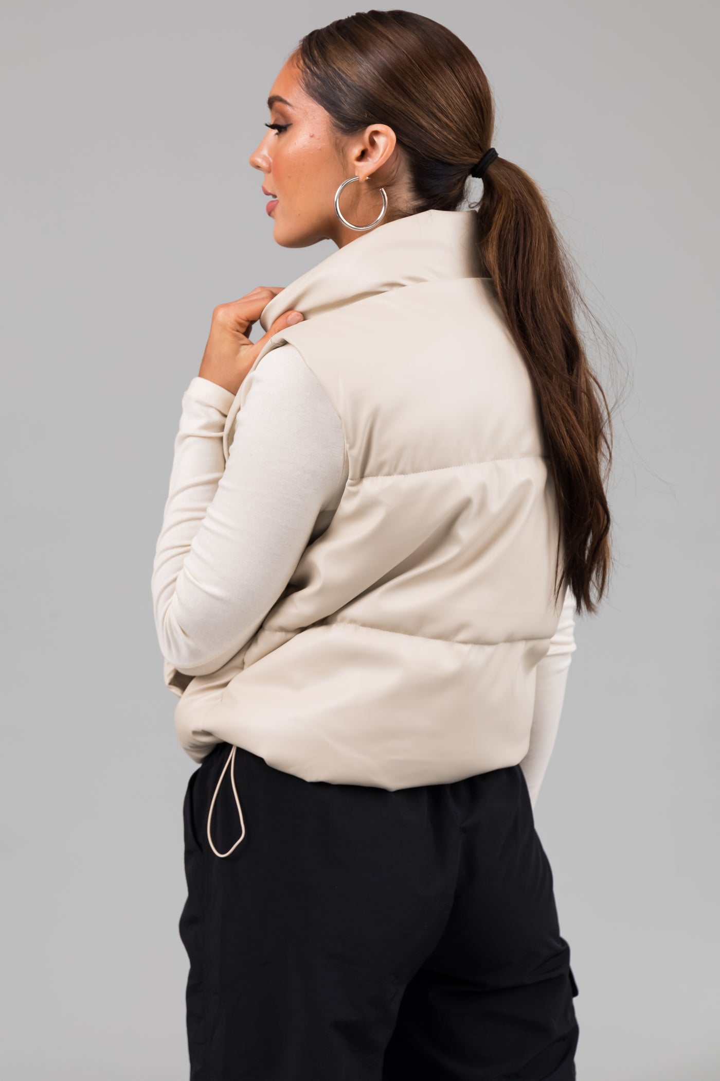 Champagne Faux Leather High Neck Puffer Vest
