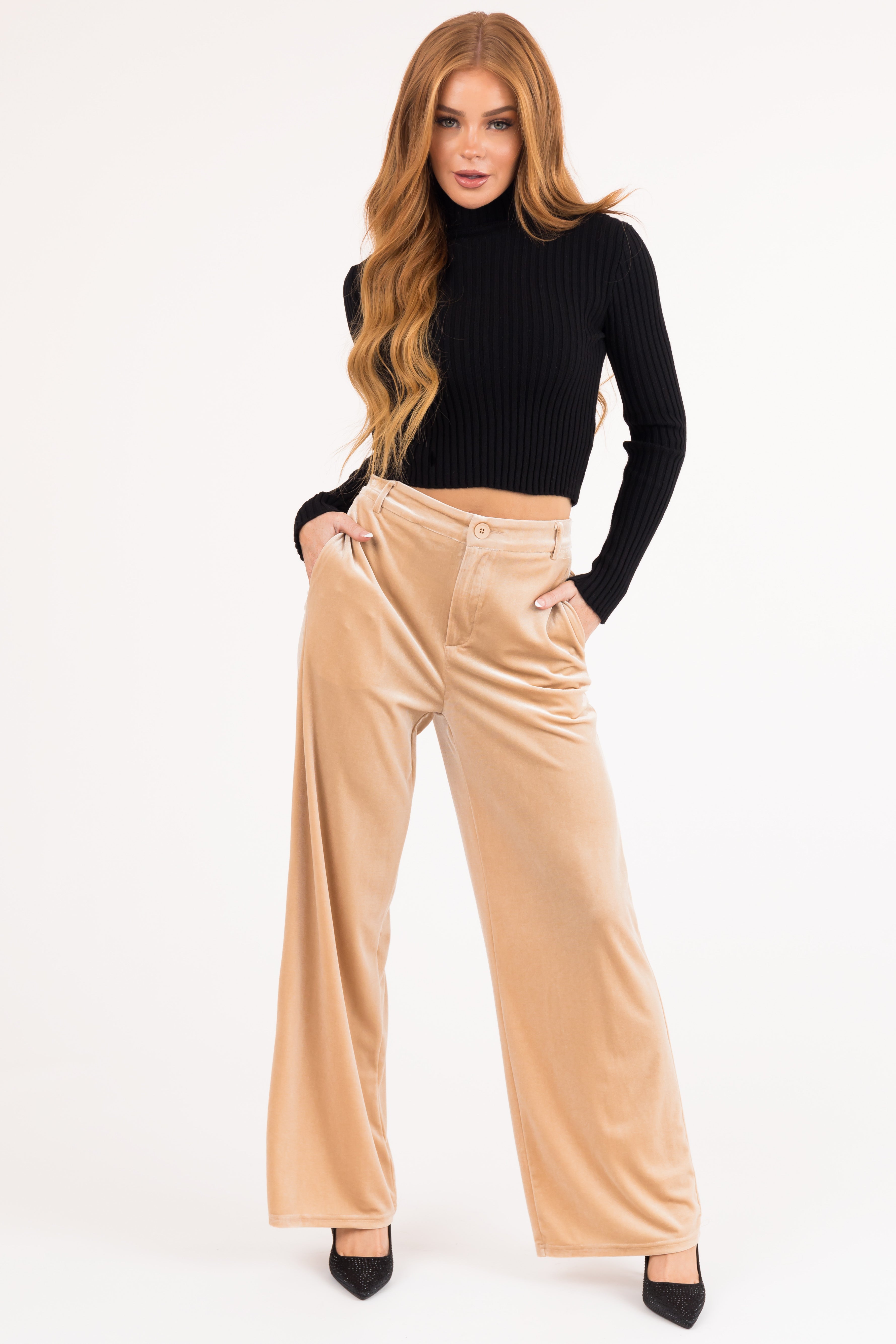 Champagne Velvet Wide Leg High Waisted Pants