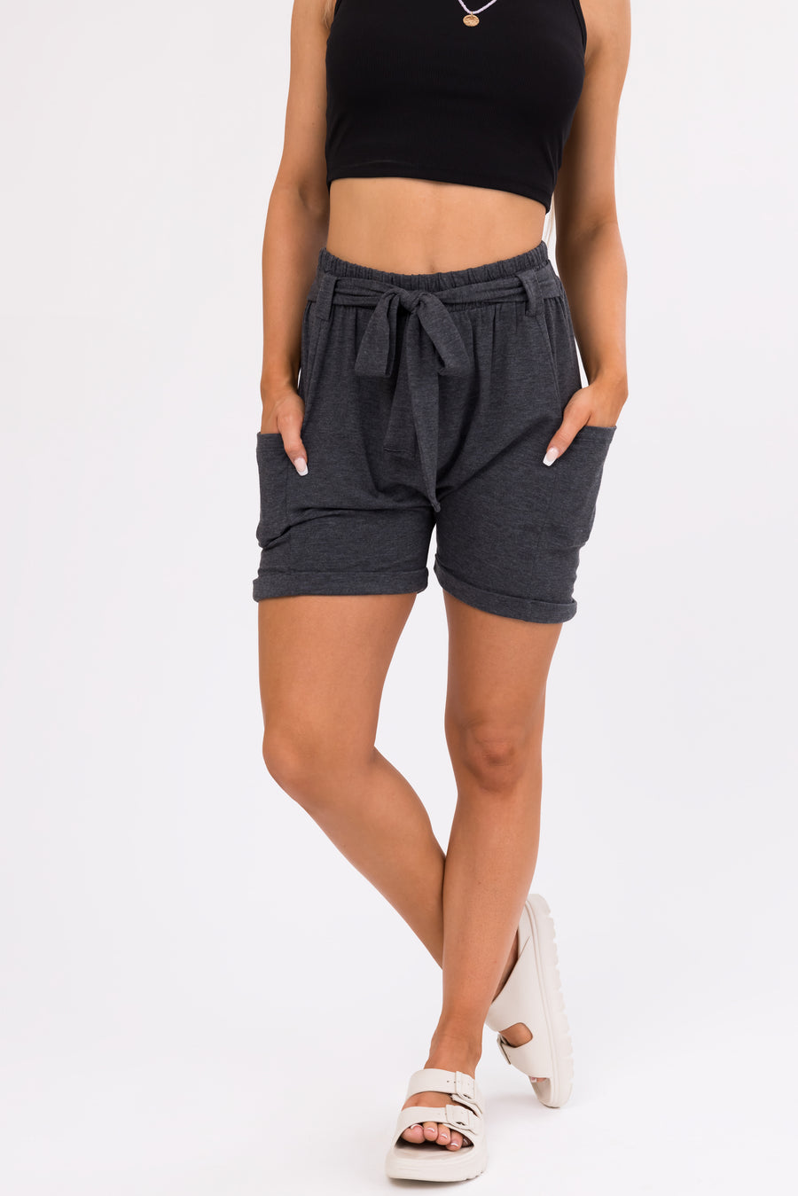 Charcoal Front Tie Knit Shorts