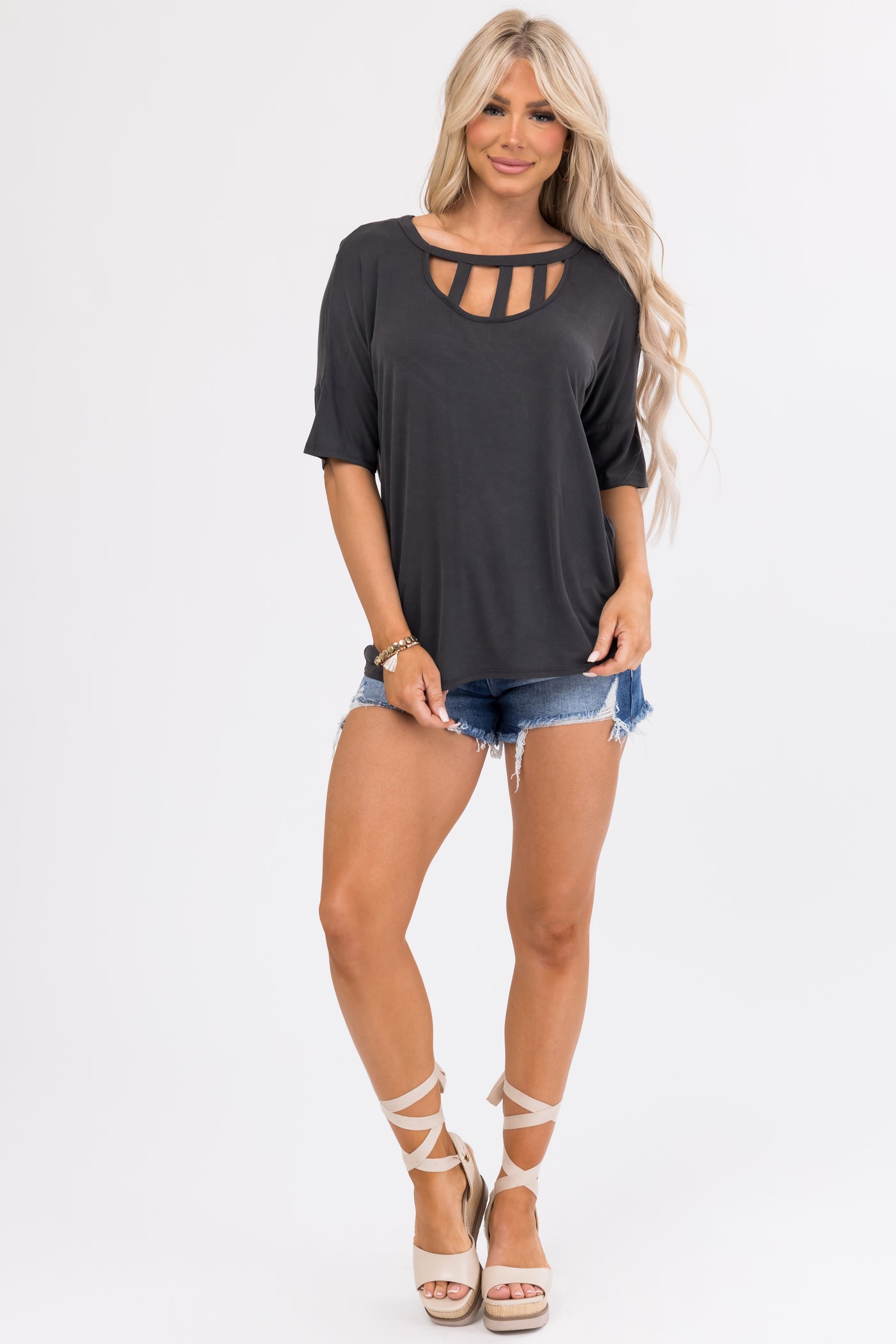 Charcoal Half Sleeve Knit Top with Chest Cut Outs