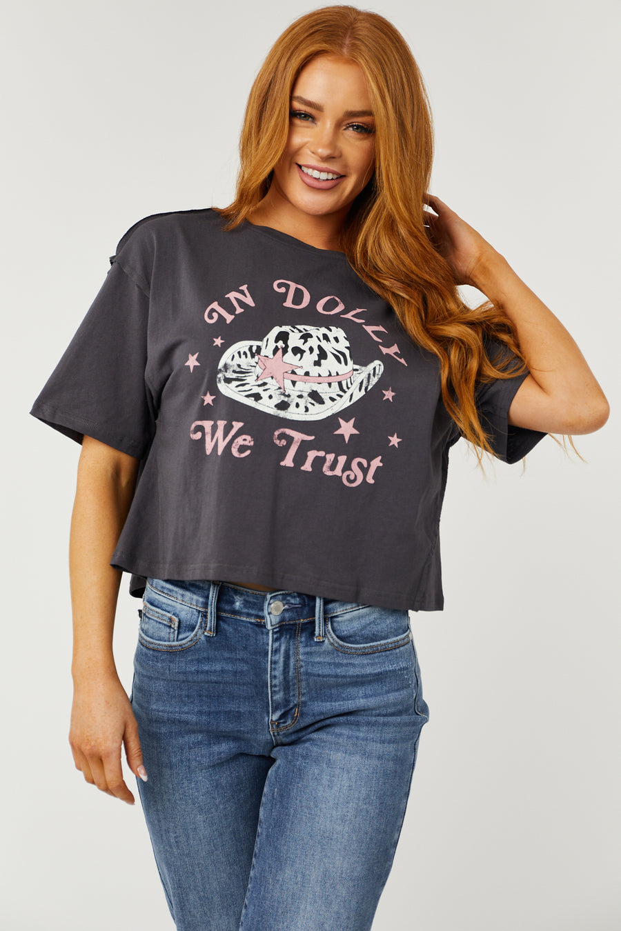 Charcoal 'In Dolly We Trust' Graphic Crop Top