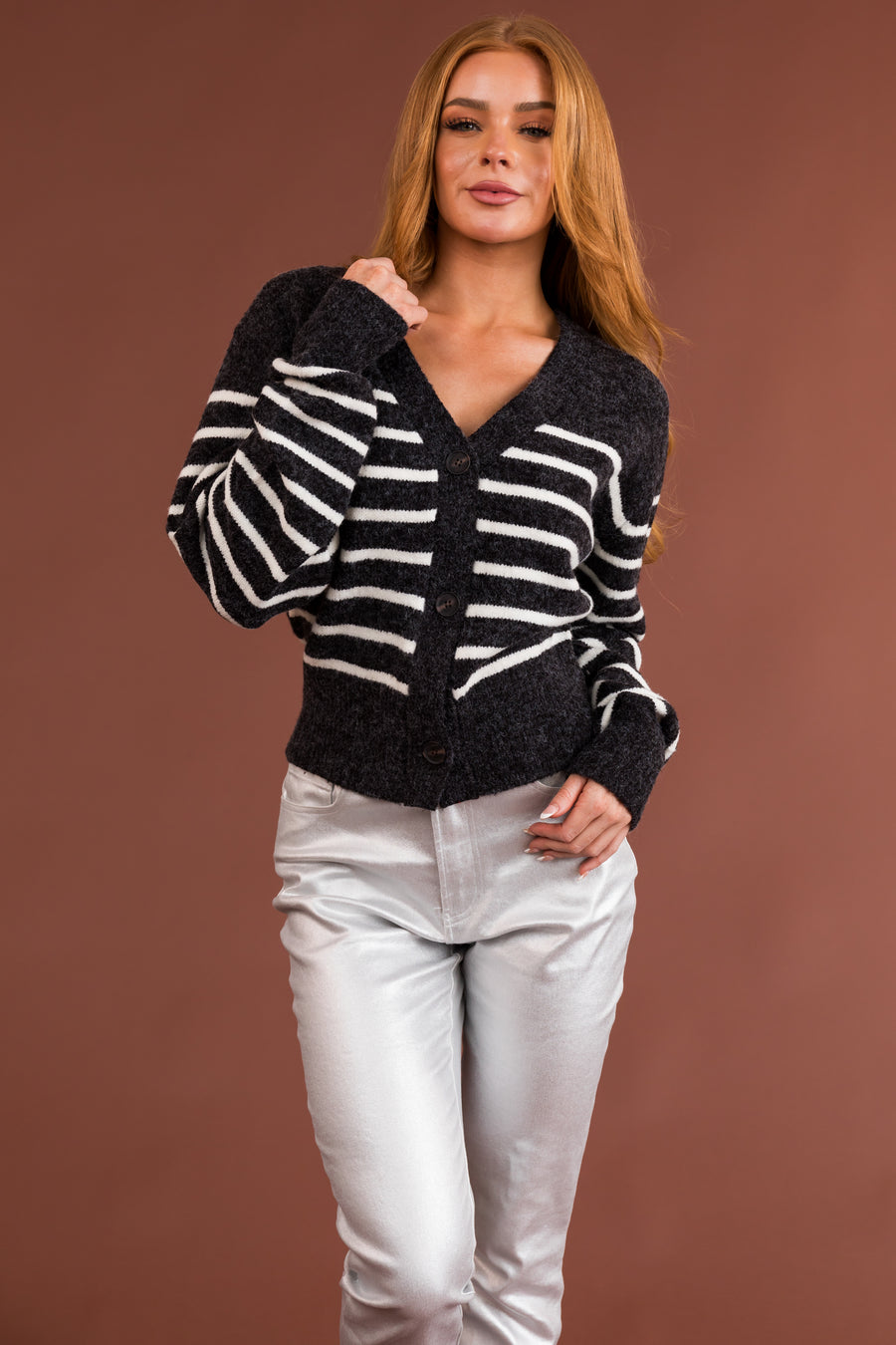 Charcoal Striped Cropped Button Up Cardigan