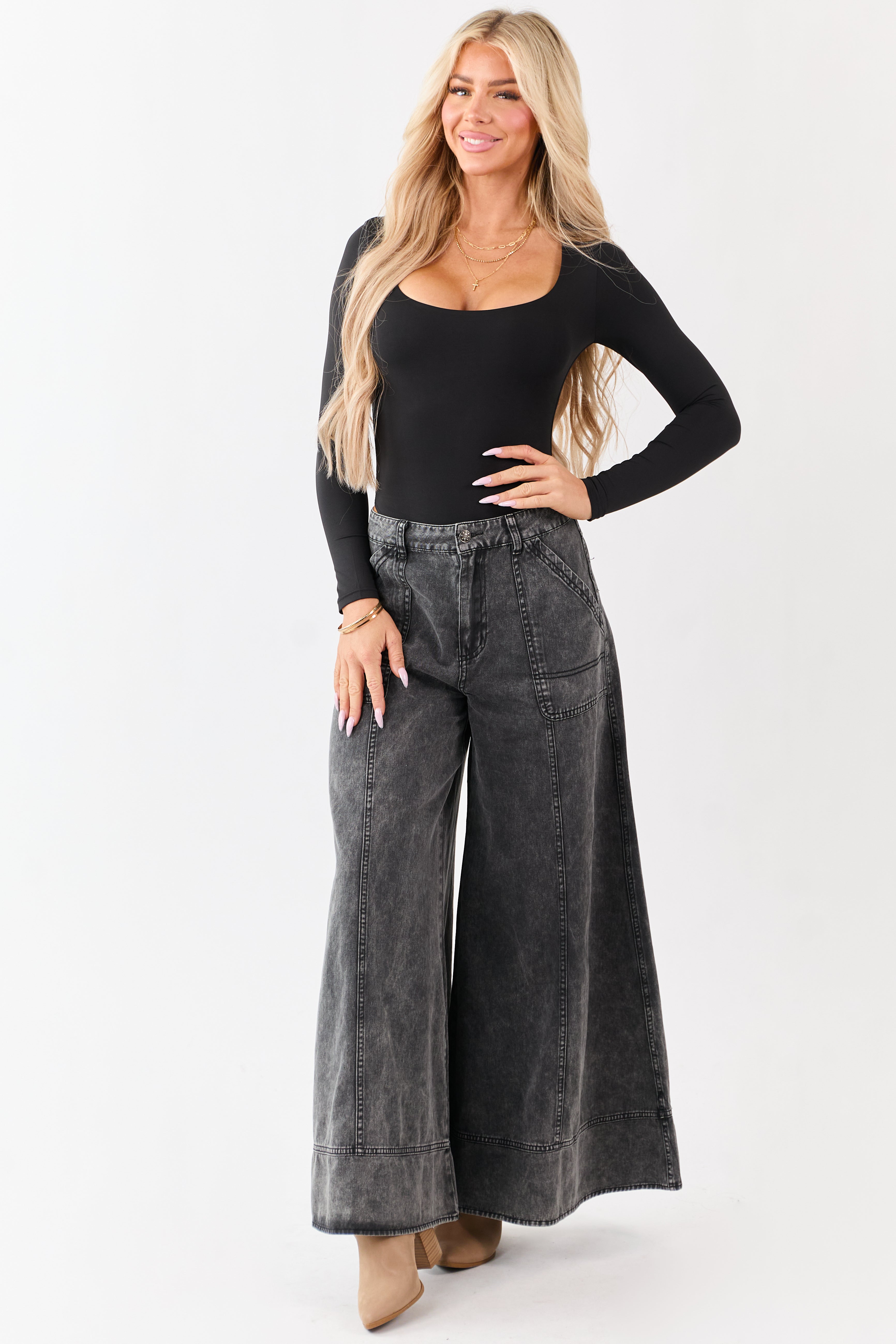 Charcoal Washed Palazzo Carpenter Denim Pants