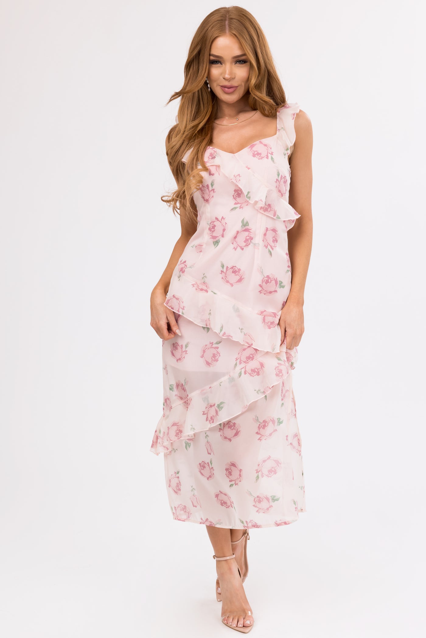 Cherry Blossom Floral Print Ruffle Midi Dress