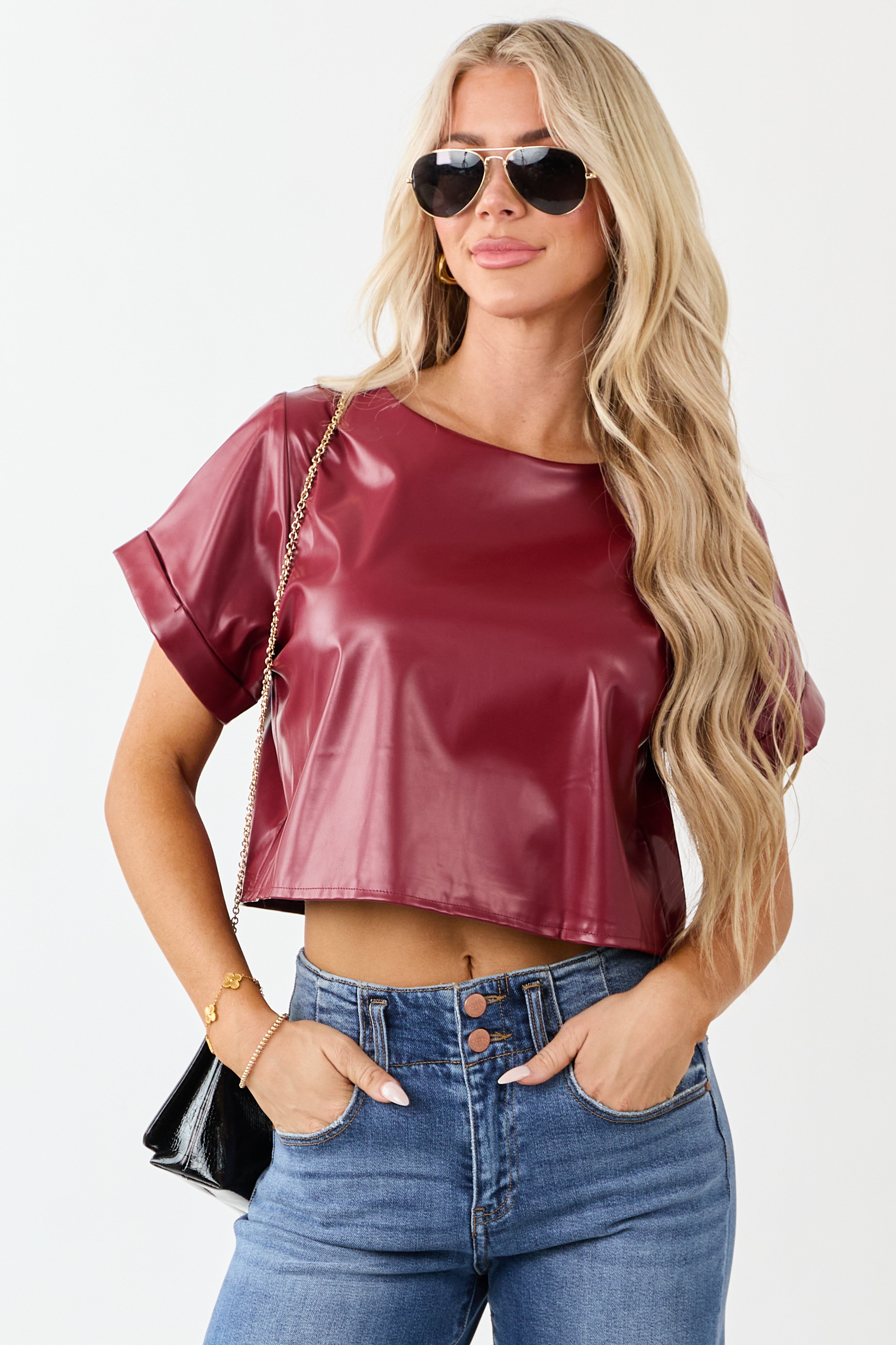 Cherry Faux Leather Boxy Fit Crop Top | Lime Lush Boutique