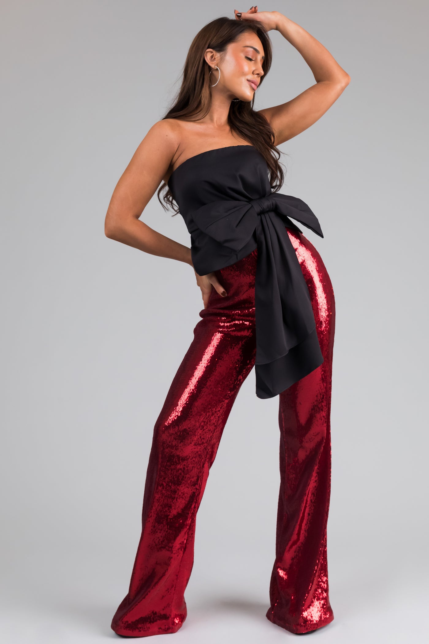 Cherry Sequined Wide Leg High Waisted Pants