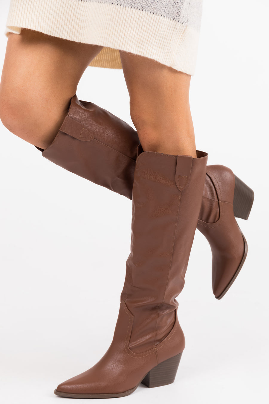 Chestnut Pleather Knee High Western Boots