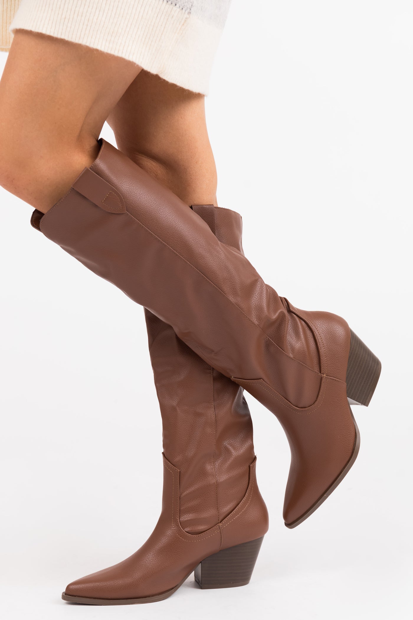 Chestnut Pleather Knee High Western Boots