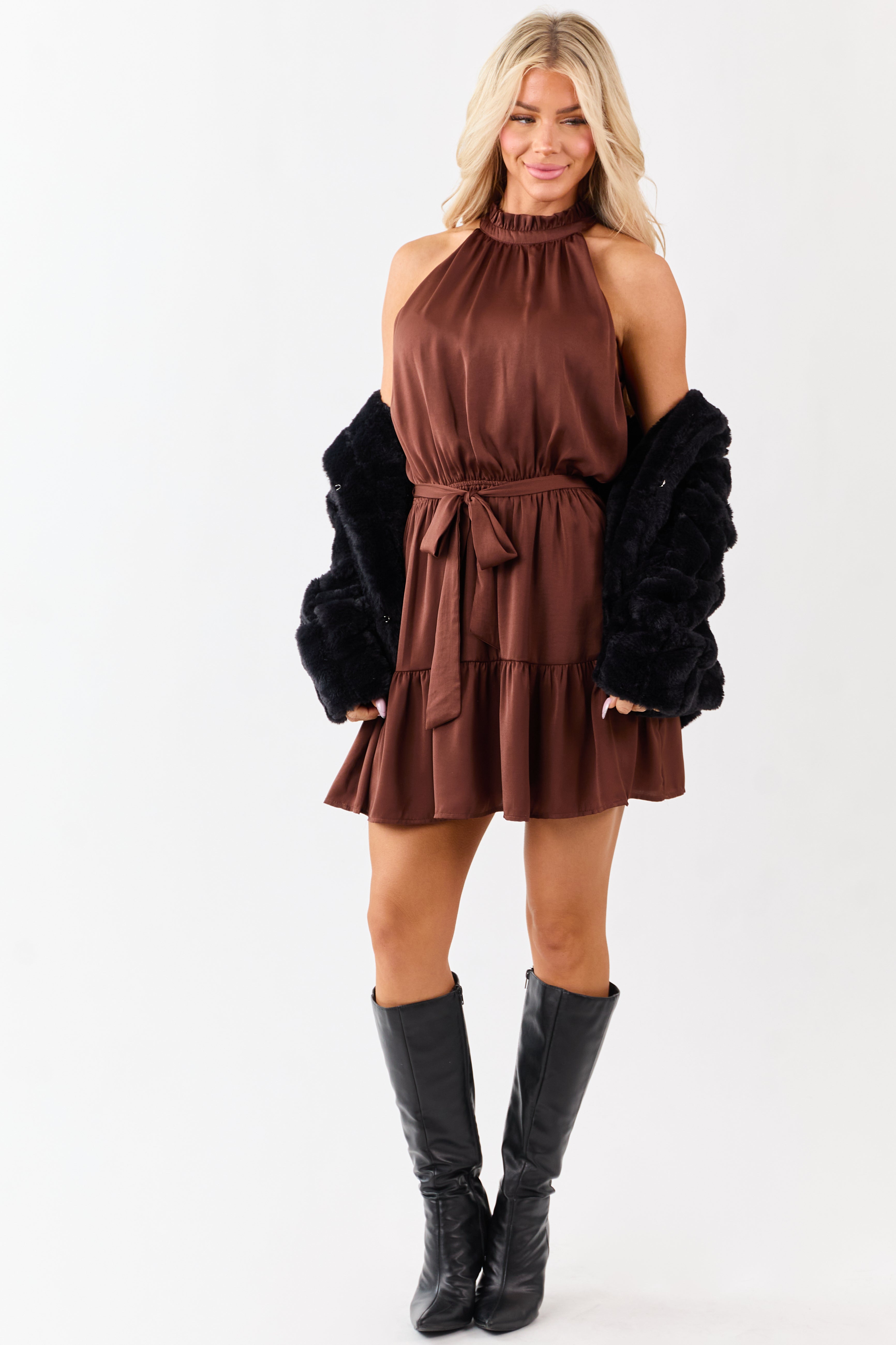 Chocolate Satin Halter Neck Waist Tie Mini Dress