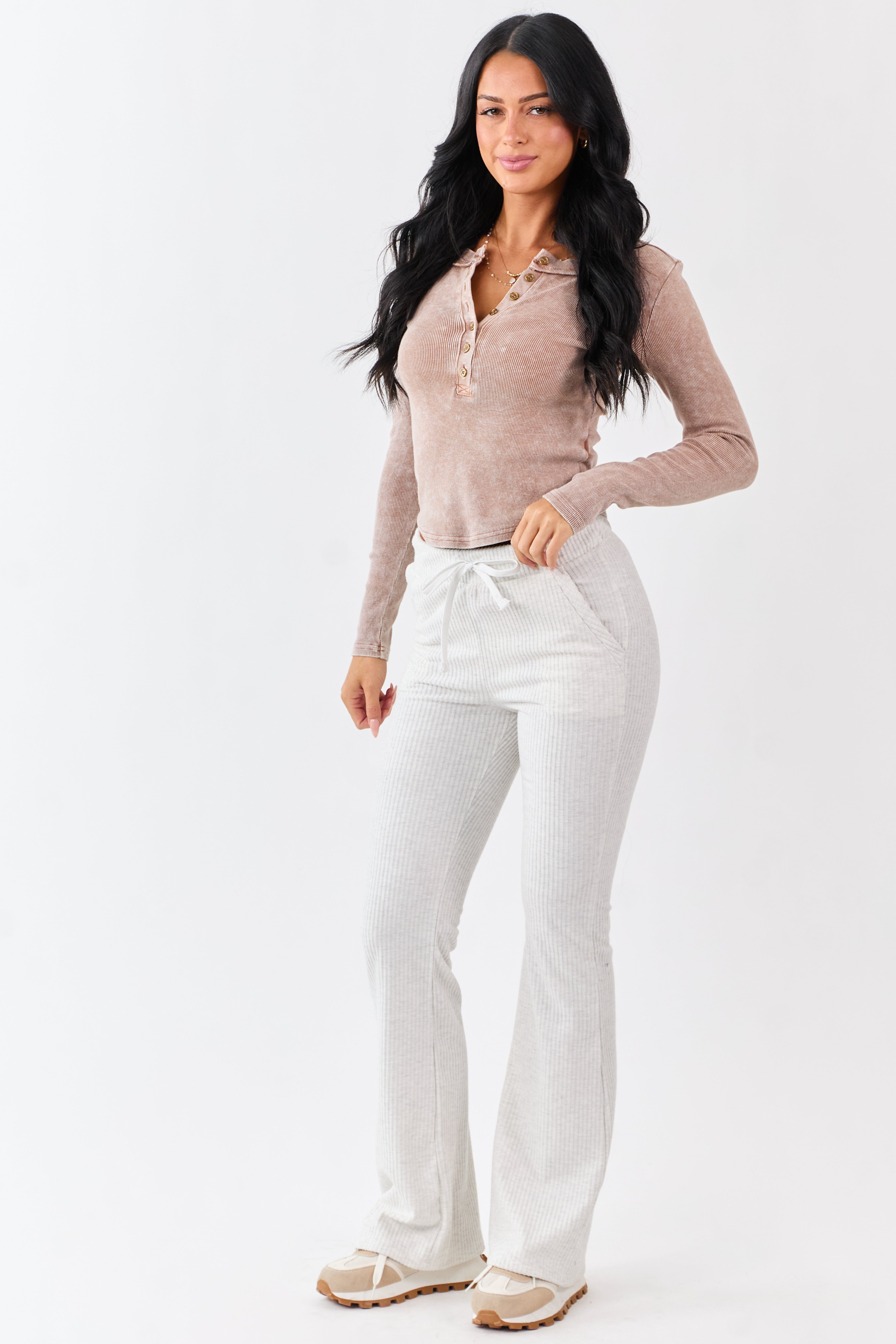 Cloud Grey Soft Knit Drawstring Flare Pants