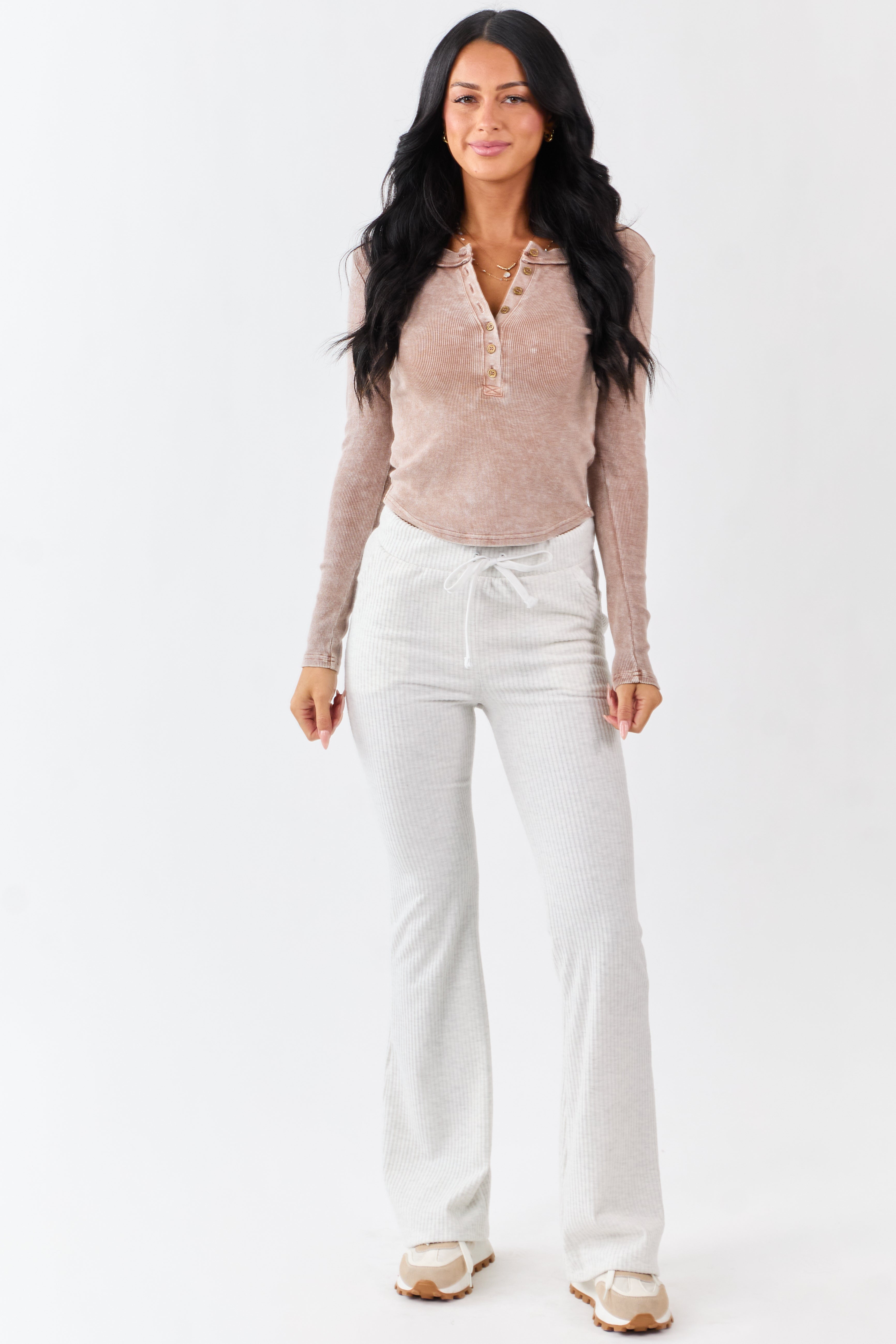 Cloud Grey Soft Knit Drawstring Flare Pants