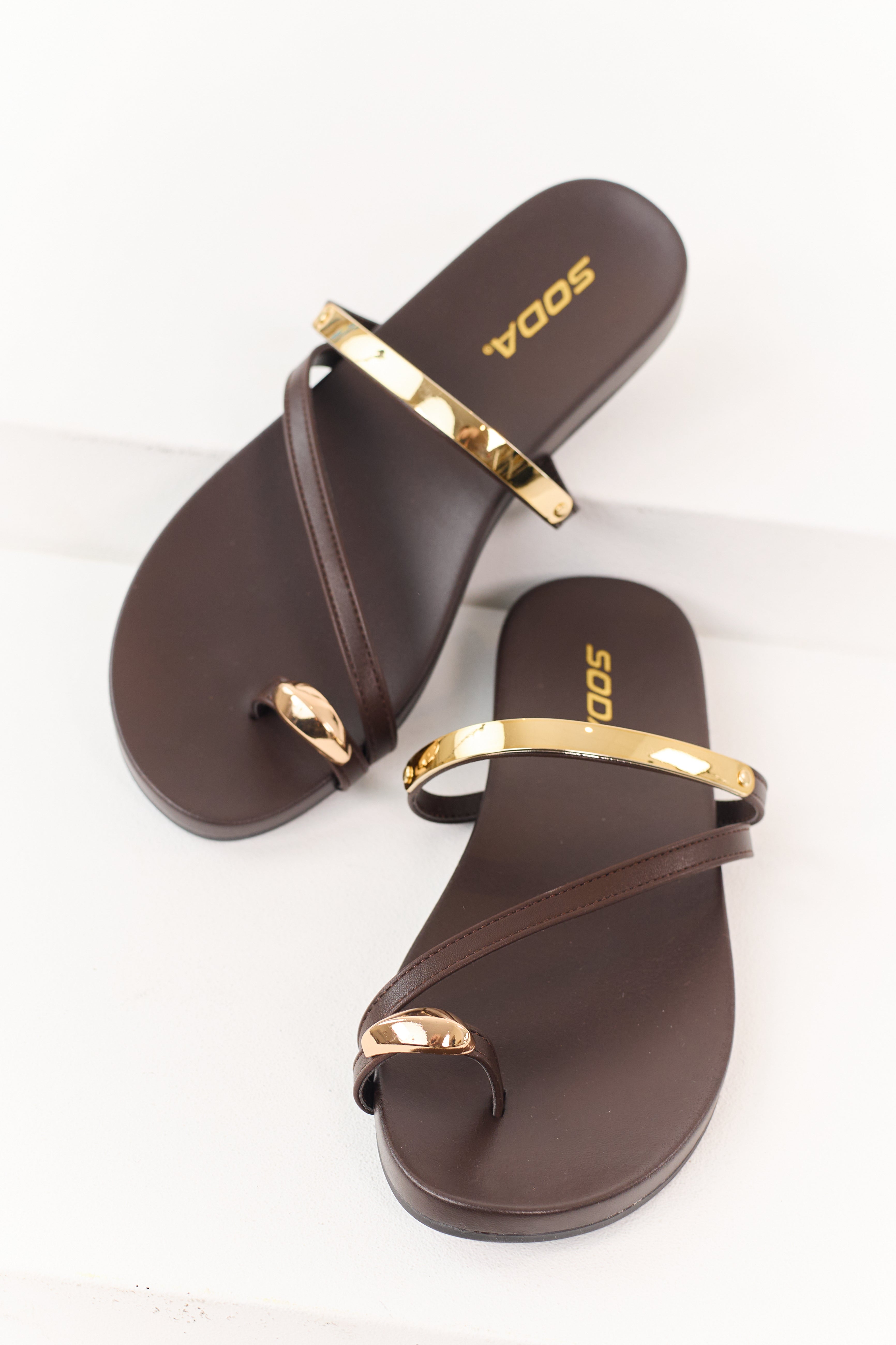 Cocoa Faux Leather Gold Toe Strap Sandals | Lime Lush Boutique