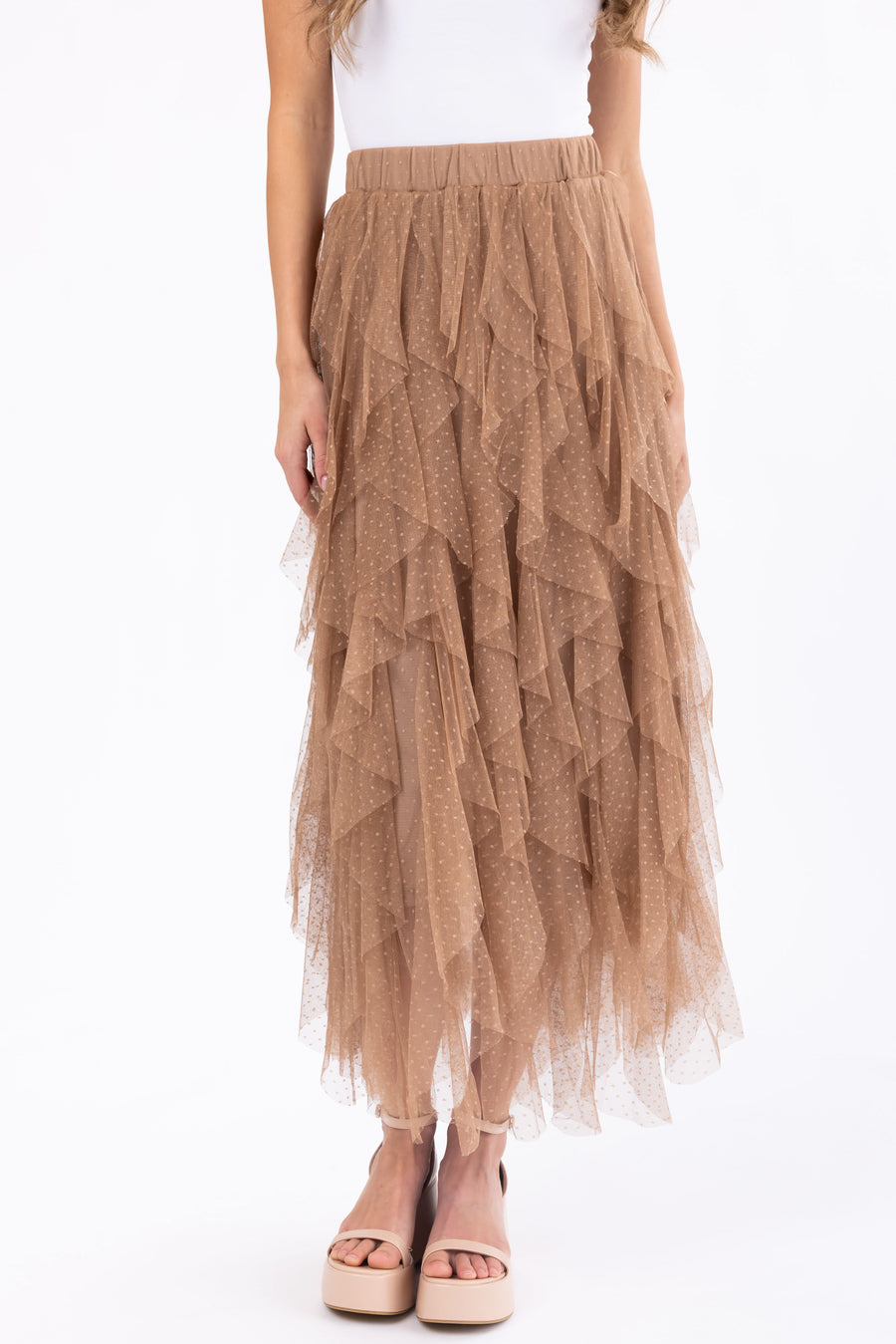 Coffee Cascading Ruffle Tulle Dotted Midi Skirt