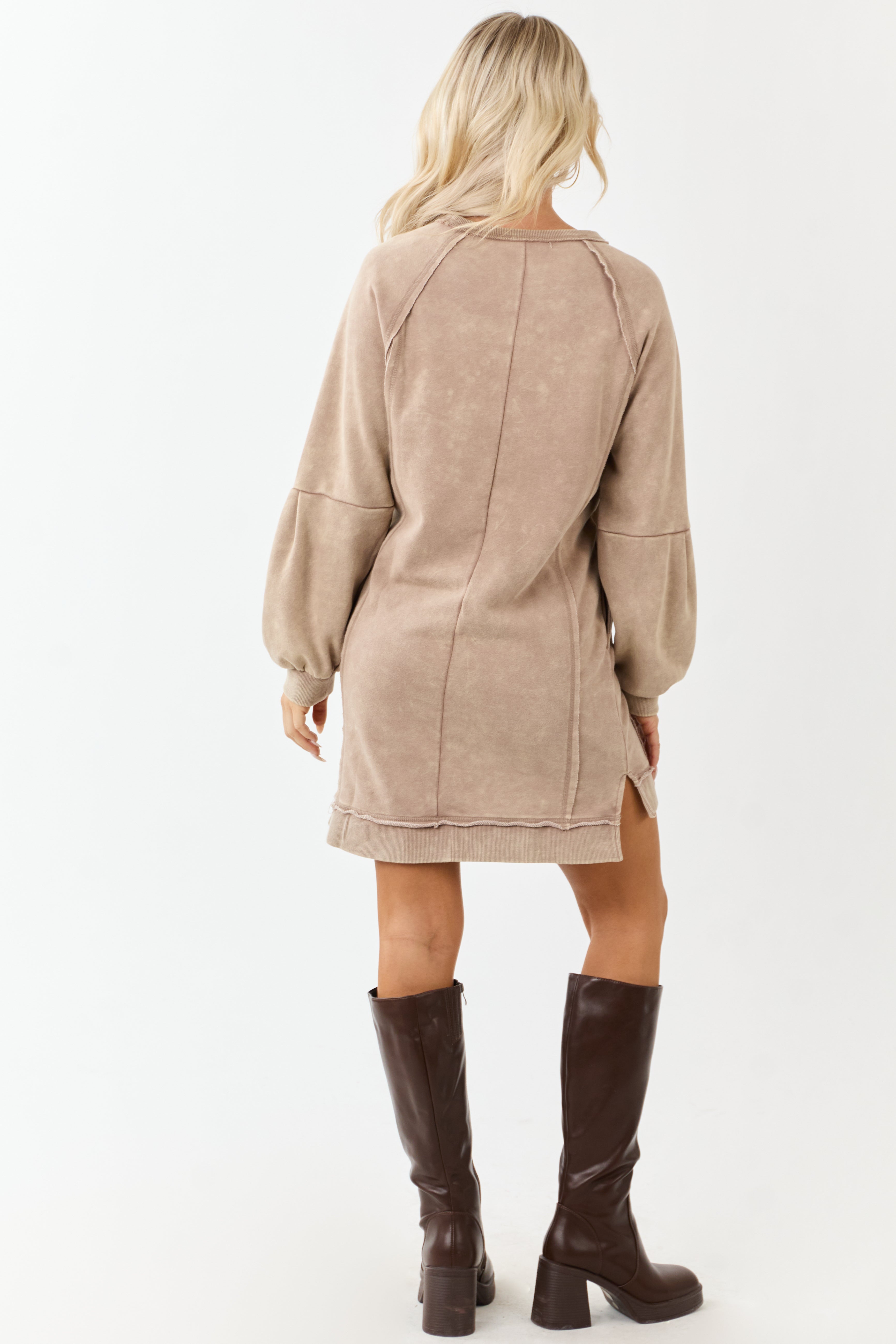 Coffee Mineral Wash Knit Raglan Sleeve Mini Dress