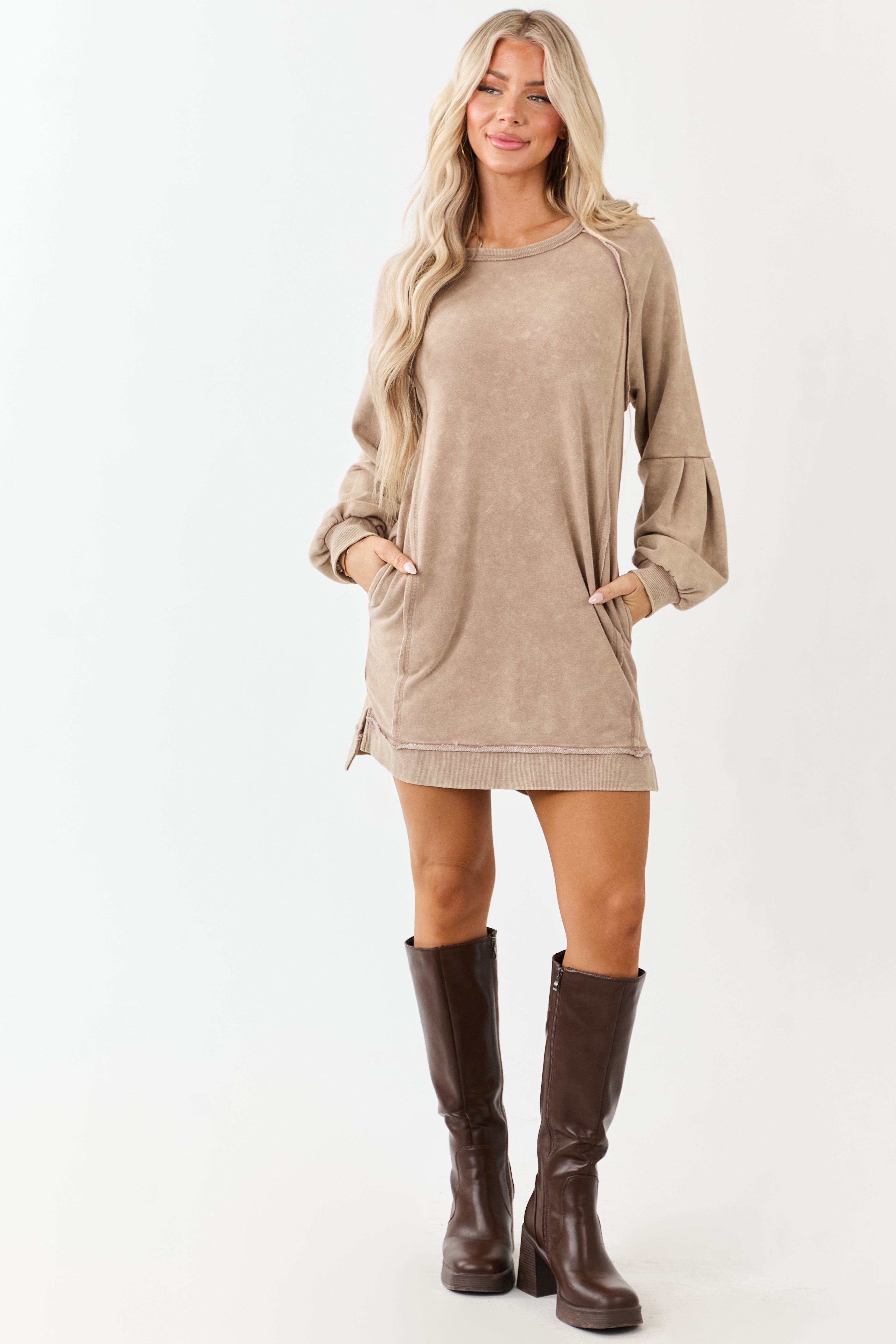 Coffee Mineral Wash Knit Raglan Sleeve Mini Dress