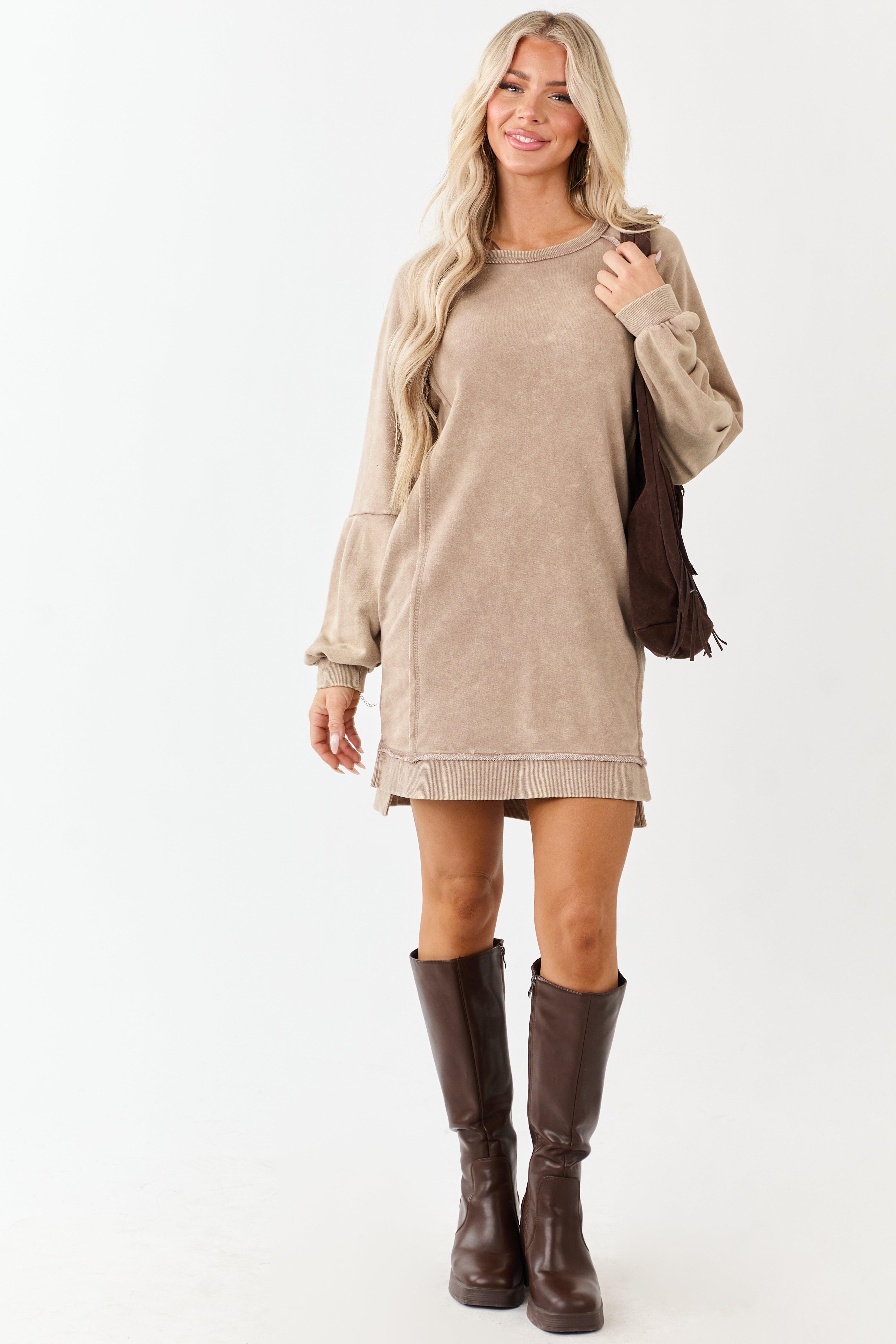 Coffee Mineral Wash Knit Raglan Sleeve Mini Dress