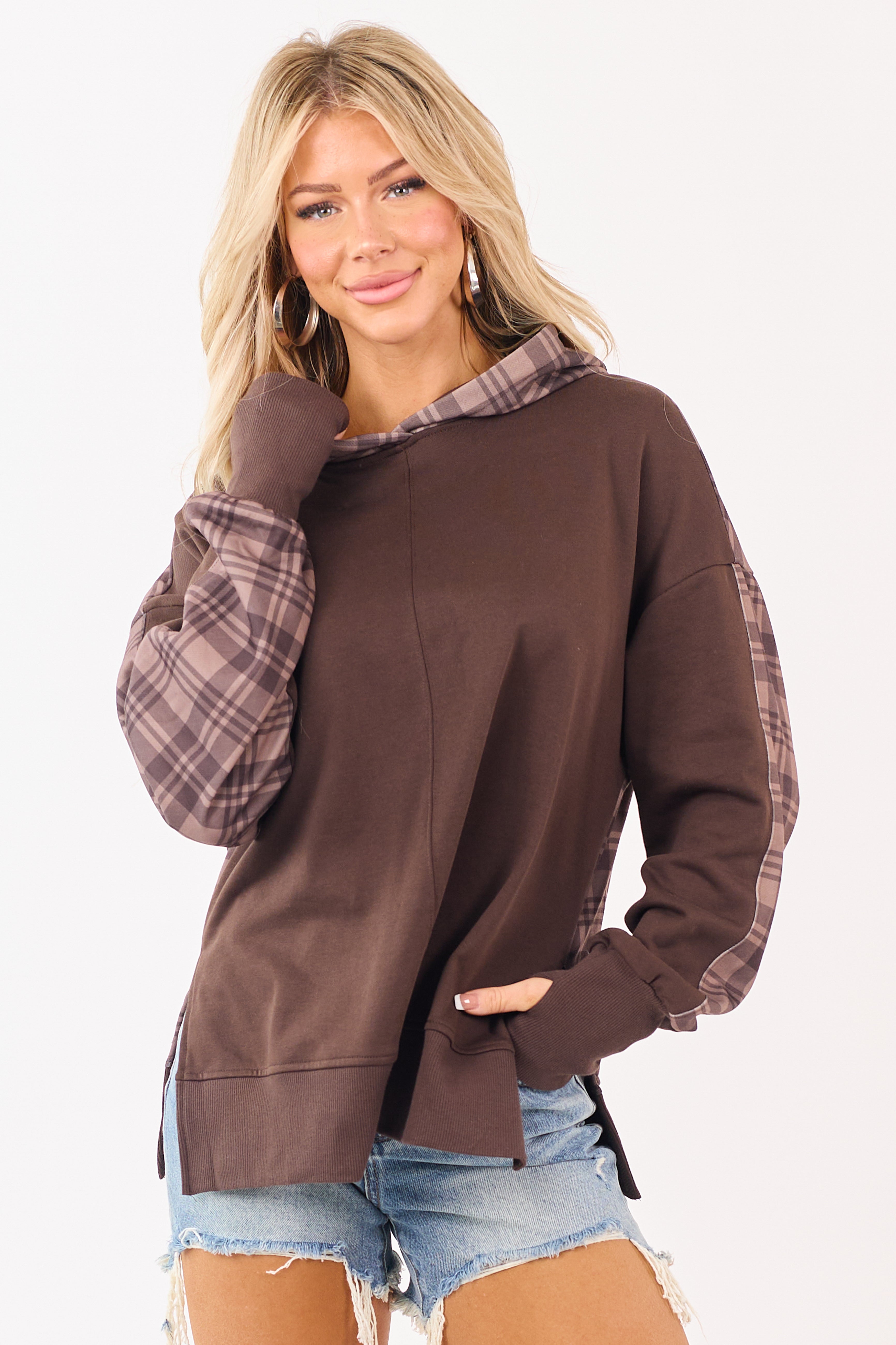 Coffee Patchwork Plaid Sweatshirt Hoodie | Lime Lush Boutique